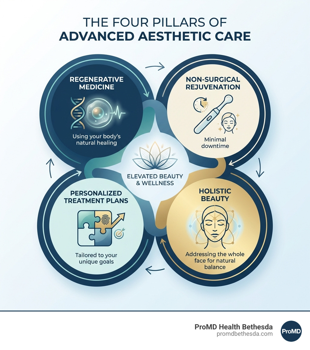 infographic showing the four pillars of advanced aesthetic care: regenerative medicine using your body's natural healing, non-surgical rejuvenation with minimal downtime, holistic beauty addressing the whole face for natural balance, and personalized treatment plans tailored to your unique goals - Advanced aesthetic care infographic infographic showing the four pillars of advanced aesthetic care: regenerative medicine using your body's natural healing, non-surgical rejuvenation with minimal downtime, holistic beauty addressing the whole face for natural balance, and personalized treatment plans tailored to your unique goals - Advanced aesthetic care infographic