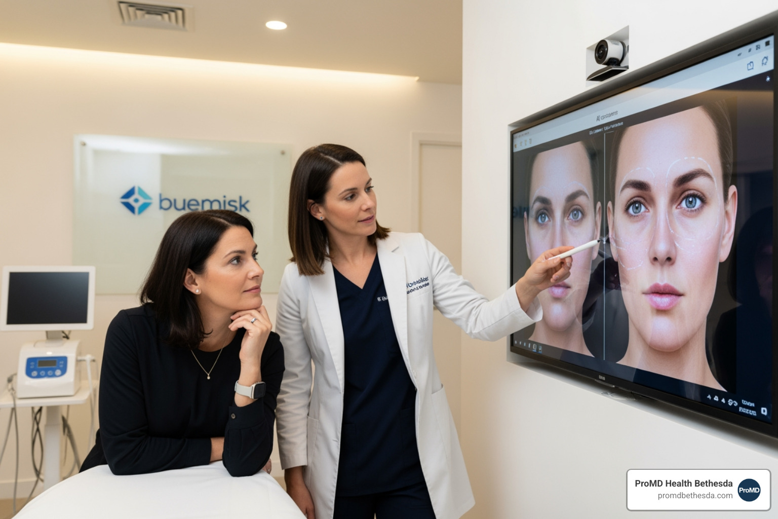 A patient consultation at ProMD Health Bethesda, where our experts use an AI Simulator to help the patient preview their potential results for full face rejuvenation - Full face rejuvenation