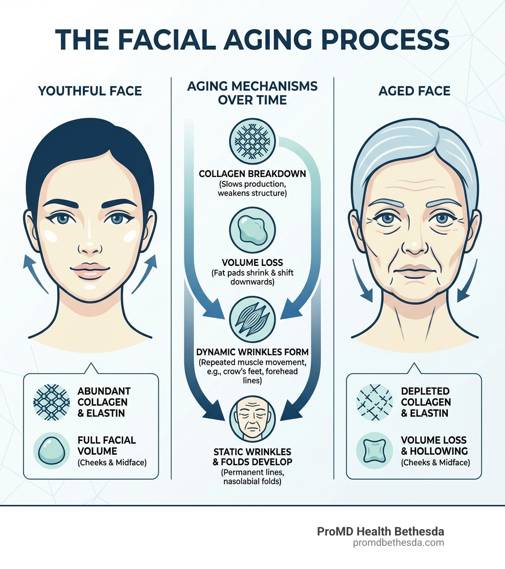 Infographic showing the facial aging process: collagen breakdown over time, loss of facial volume in cheeks and midface, formation of dynamic wrinkles from muscle movement, and development of static wrinkles and nasolabial folds, with comparison of youthful versus aged facial anatomy - cosmetic injectables bethesda infographic Infographic showing the facial aging process: collagen breakdown over time, loss of facial volume in cheeks and midface, formation of dynamic wrinkles from muscle movement, and development of static wrinkles and nasolabial folds, with comparison of youthful versus aged facial anatomy - cosmetic injectables bethesda infographic