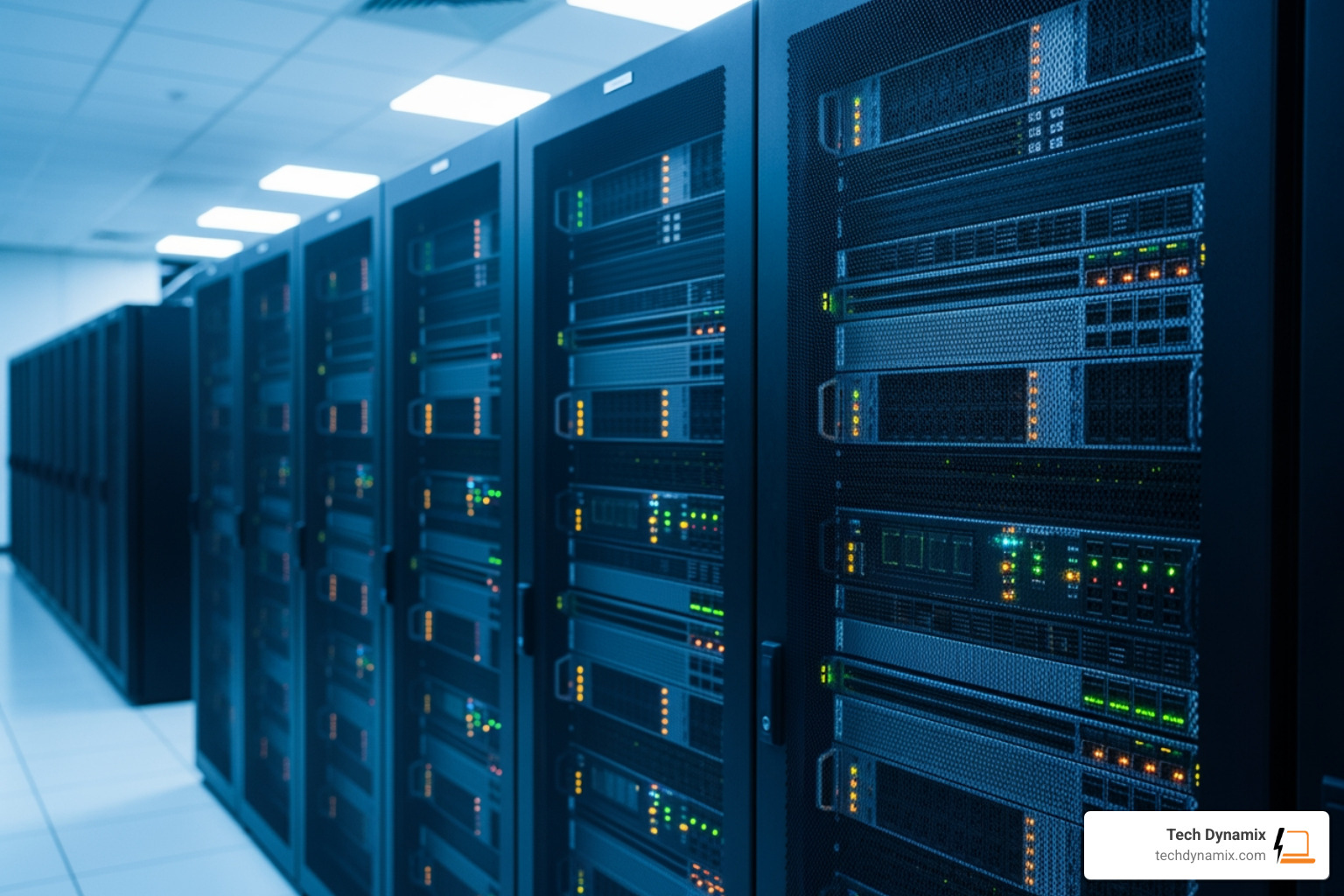 modern secure cloud data center with rows of servers - business IT solutions