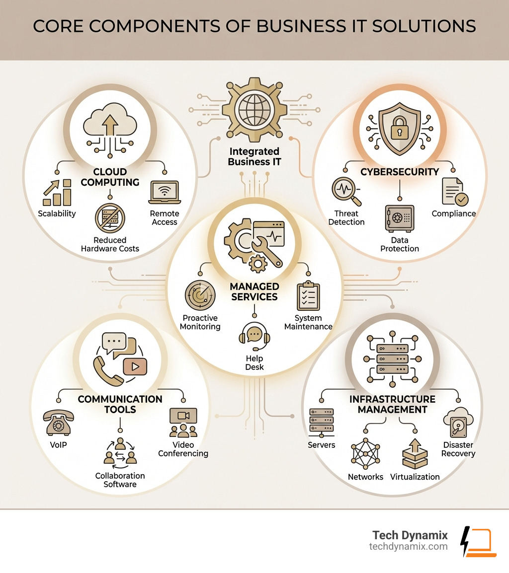 infographic showing the core components of business IT solutions including cloud computing (scalability, reduced hardware costs, remote access), cybersecurity (threat detection, data protection, compliance), managed services (proactive monitoring, help desk, system maintenance), communication tools (VoIP, collaboration software, video conferencing), and infrastructure management (servers, networks, virtualization, disaster recovery) - business IT solutions infographic 