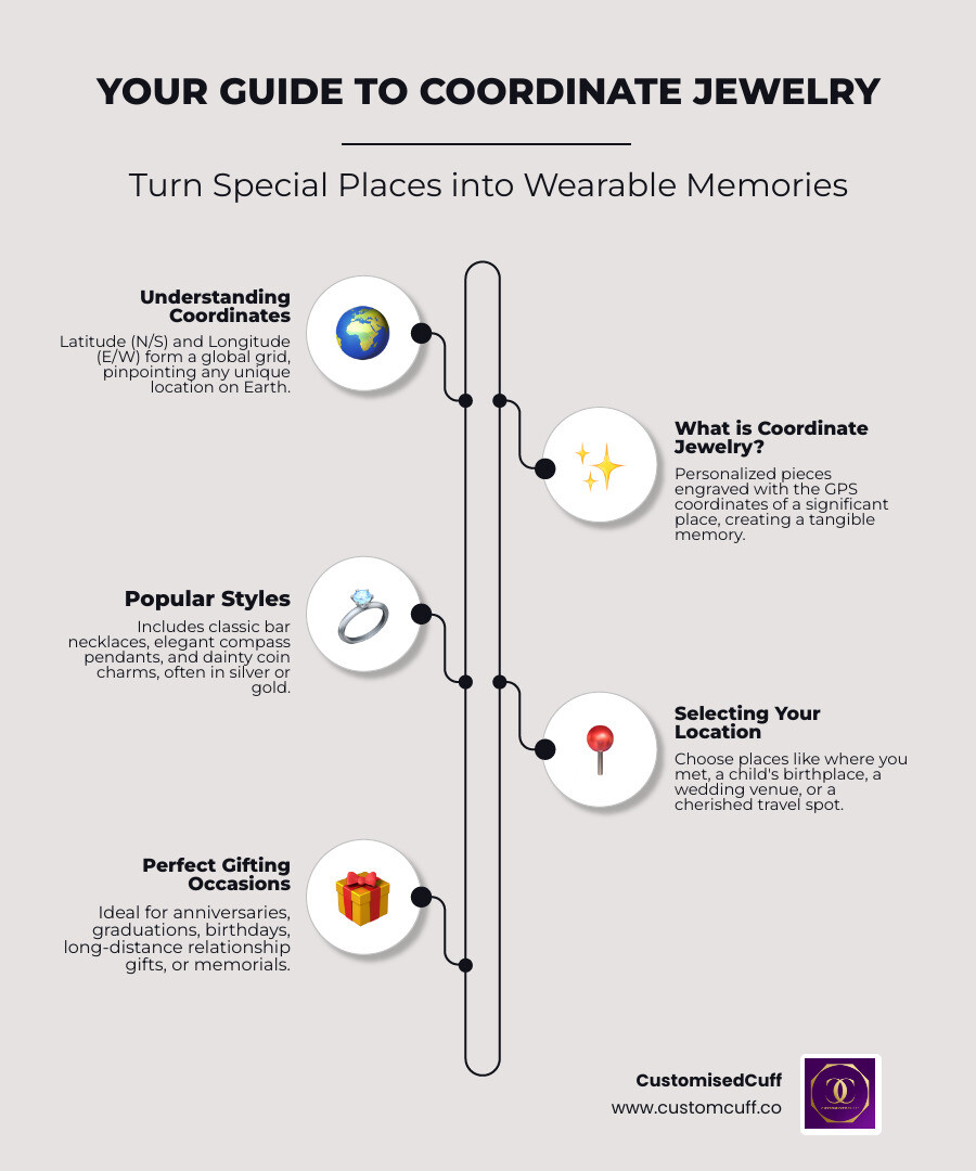 Infographic showing how coordinate jewelry works: A world map with latitude lines running horizontally and longitude lines running vertically, with examples of how coordinates pinpoint specific locations. Below shows common jewelry styles (bar necklace, compass pendant, coin charm) with engraved coordinate examples. Bottom section lists top occasions for gifting: anniversaries, graduations, moving away, birth of a child, memorial pieces, and travel memories. - jewelry with location coordinates infographic infographic-line-5-steps-elegant_beige