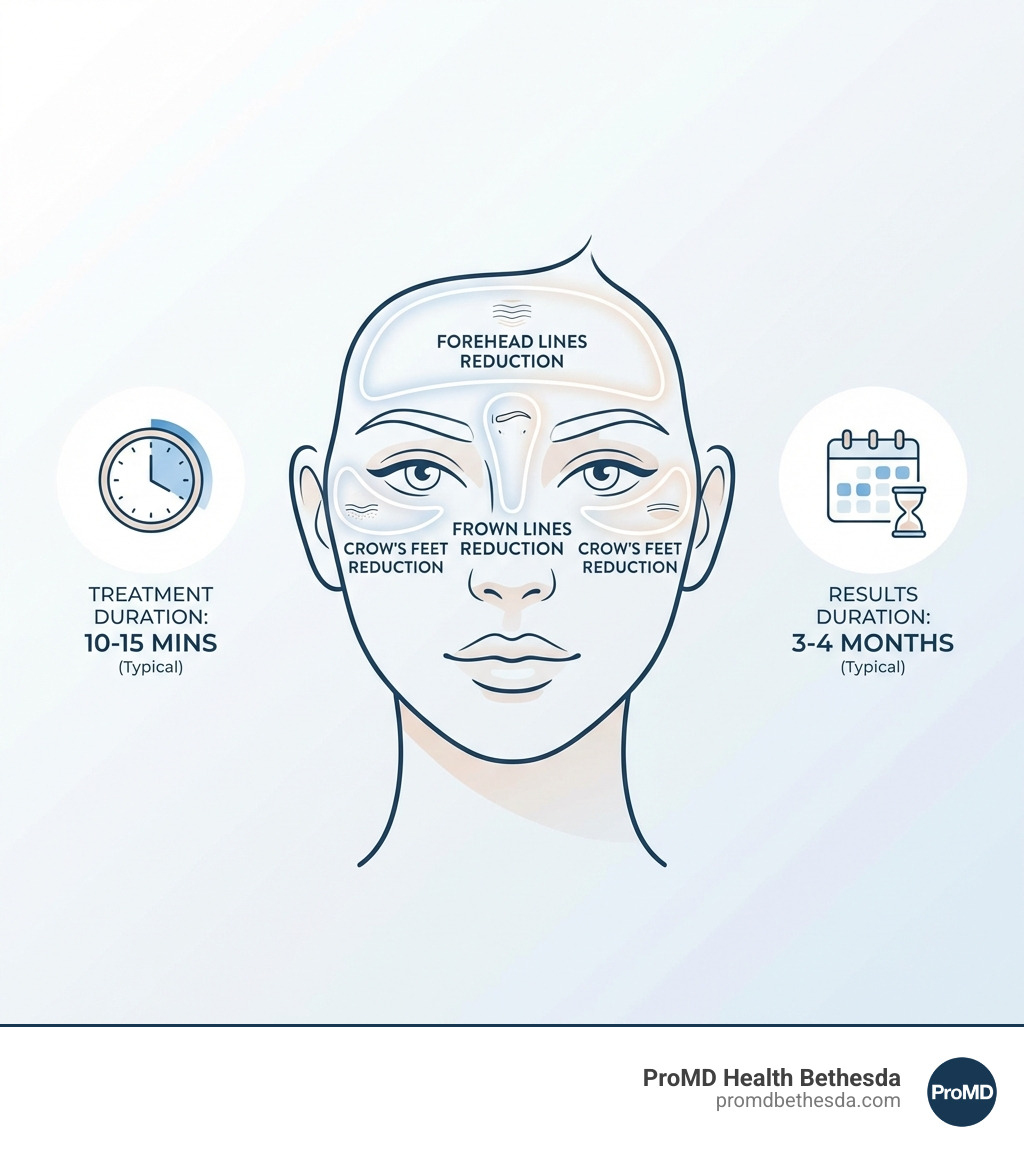 Infographic showing the key benefits of Botox treatments including reduction of forehead lines, crow's feet, and frown lines, typical treatment duration of 10-15 minutes, results lasting 3-4 months, and common treatment areas marked on a facial diagram - botox near me infographic Infographic showing the key benefits of Botox treatments including reduction of forehead lines, crow's feet, and frown lines, typical treatment duration of 10-15 minutes, results lasting 3-4 months, and common treatment areas marked on a facial diagram - botox near me infographic