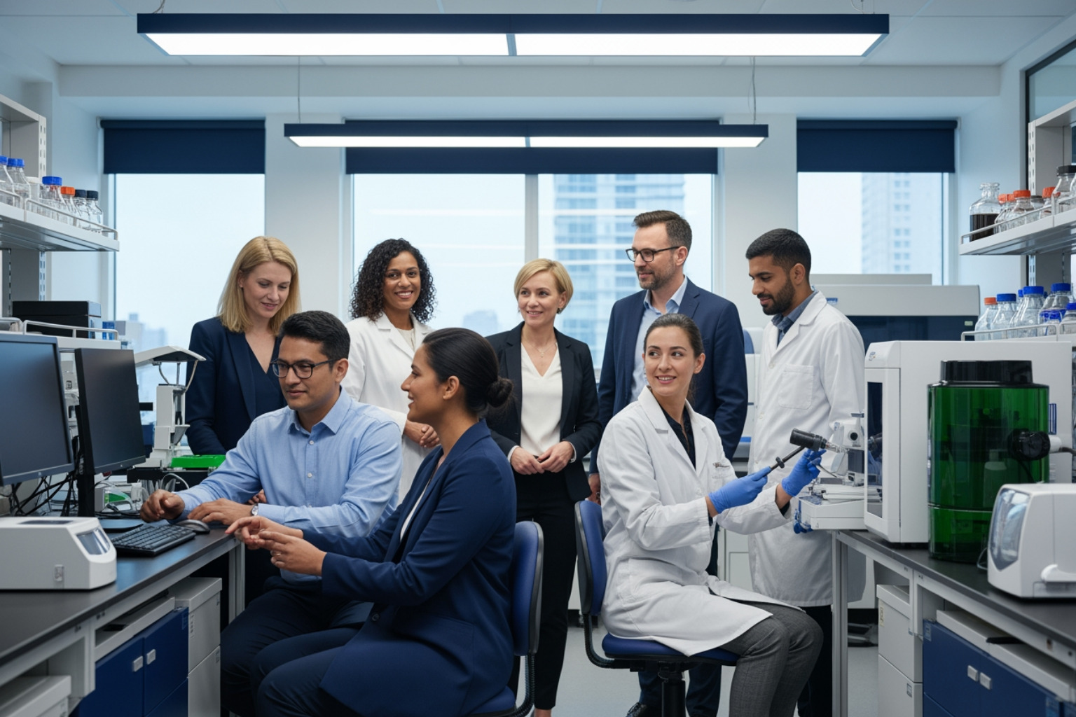 A diverse group of researchers collaborating in a modern, well-lit MIT laboratory featuring navy and green accents - MIT visiting faculty