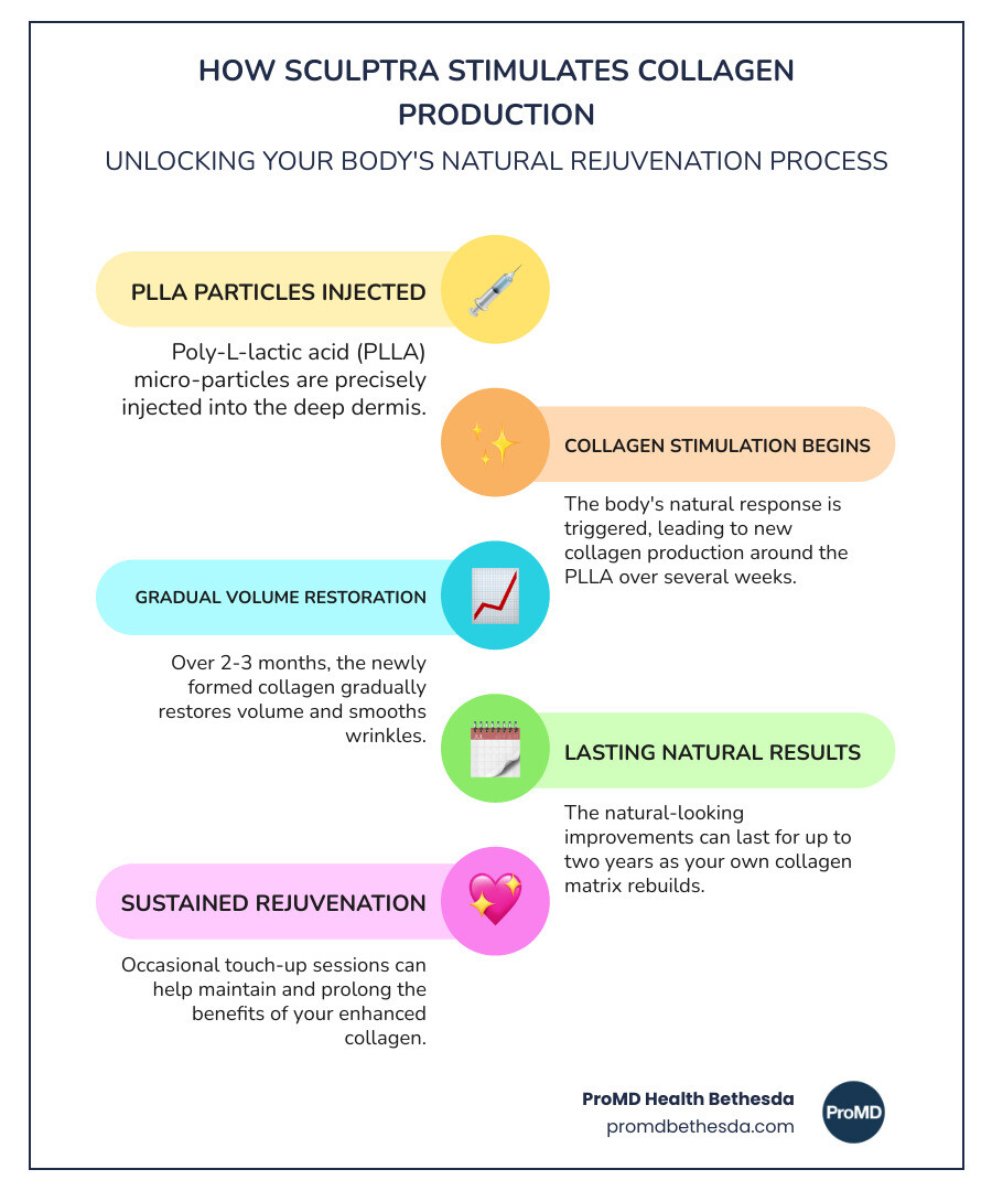 Infographic showing how Sculptra stimulates collagen production: Step 1 - PLLA particles injected into deep dermis, Step 2 - Body responds by producing new collagen over weeks, Step 3 - Gradual volume restoration and wrinkle smoothing over 2-3 months, Step 4 - Results lasting up to 2 years with proper maintenance - Sculptra bethesda infographic infographic-line-5-steps-colors Infographic showing how Sculptra stimulates collagen production: Step 1 - PLLA particles injected into deep dermis, Step 2 - Body responds by producing new collagen over weeks, Step 3 - Gradual volume restoration and wrinkle smoothing over 2-3 months, Step 4 - Results lasting up to 2 years with proper maintenance - Sculptra bethesda infographic infographic-line-5-steps-colors