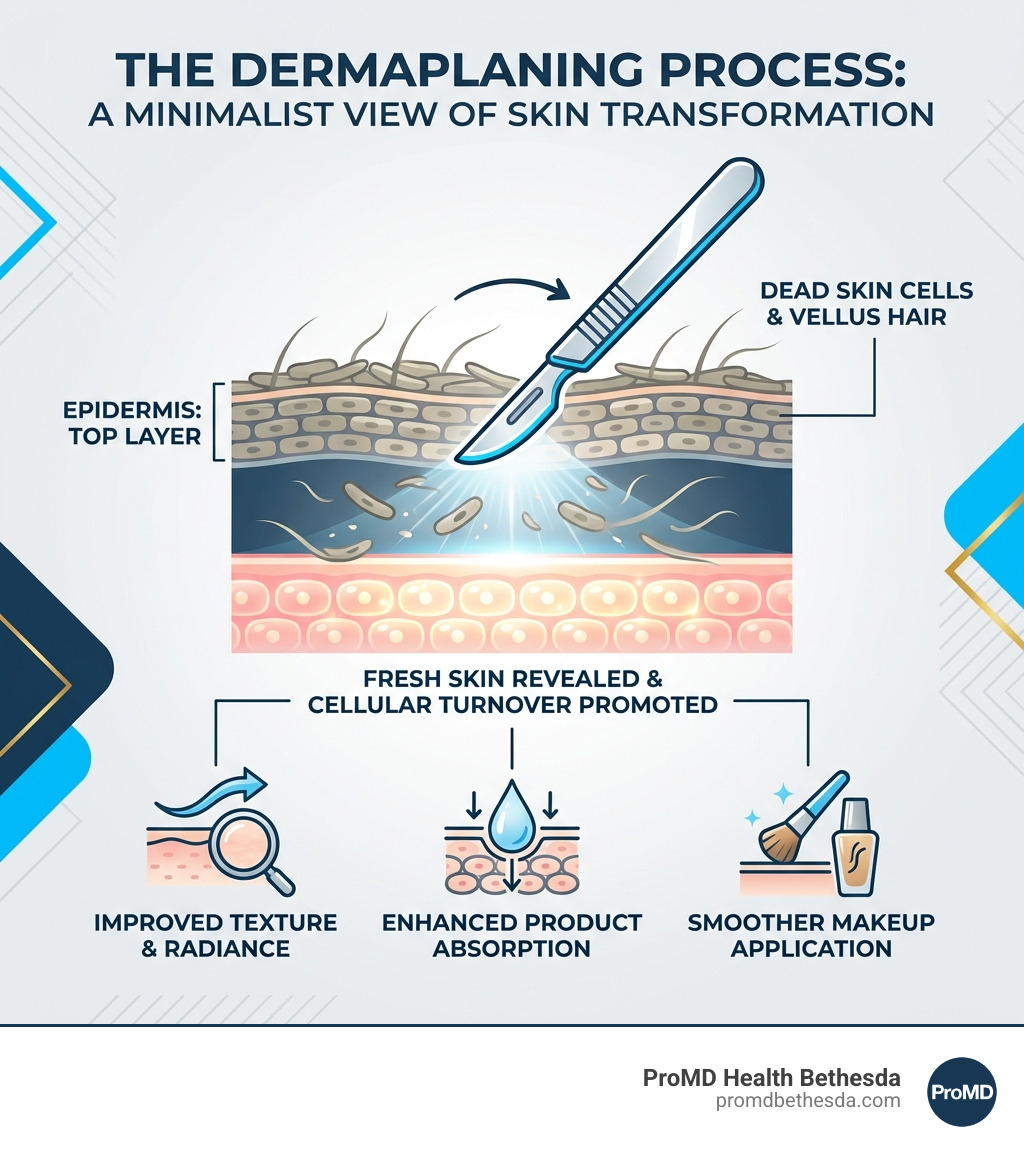 Infographic showing the dermaplaning process: a sterile scalpel gently removes the top layer of dead skin cells and vellus hair from the epidermis, revealing fresh skin underneath and promoting cellular turnover for improved texture, enhanced product absorption, and smoother makeup application - Dermaplaning Bethesda infographic 