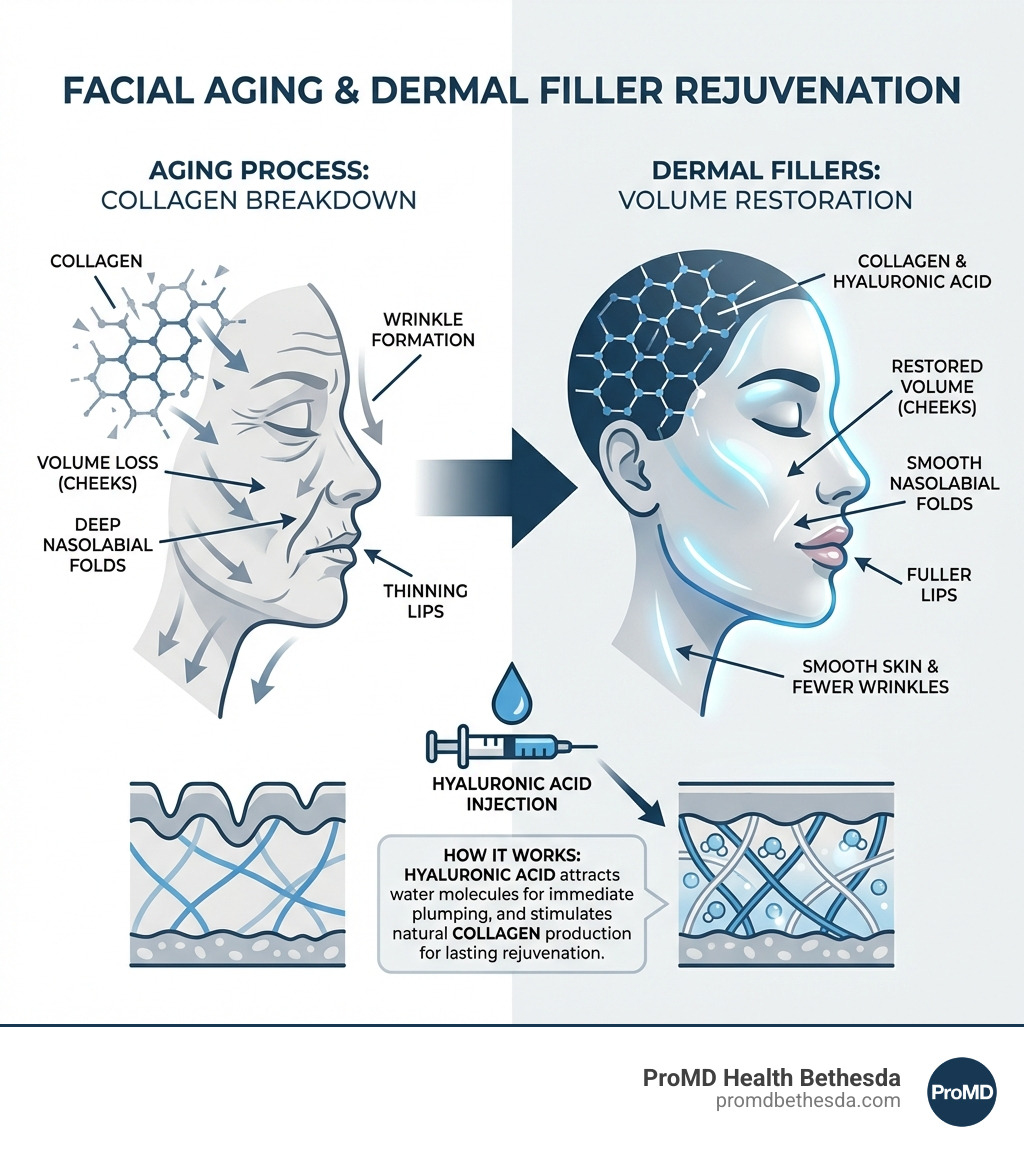Infographic showing facial aging process: collagen breakdown leads to volume loss in cheeks, deepening of nasolabial folds, thinning lips, and formation of wrinkles; dermal fillers restore volume by injecting hyaluronic acid beneath the skin surface, which attracts water molecules and stimulates natural collagen production for lasting rejuvenation - dermal fillers Bethesda infographic 