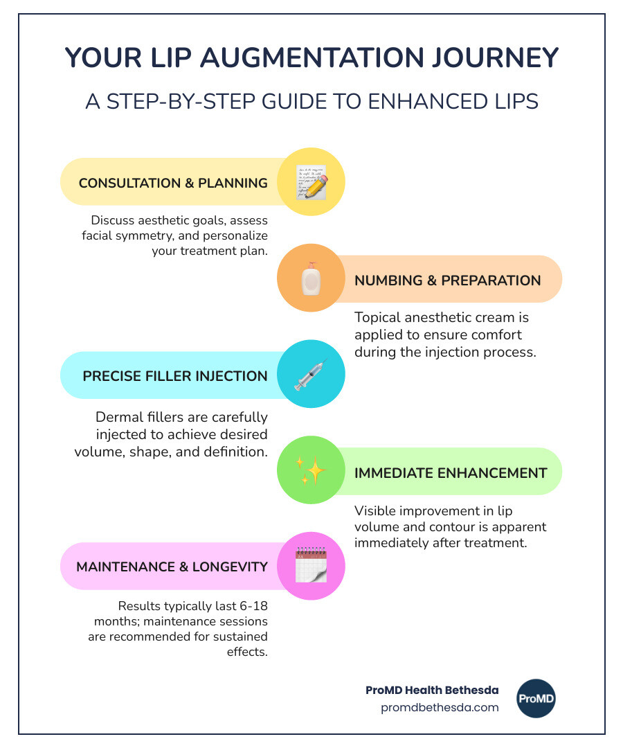 infographic showing the step-by-step lip augmentation process from consultation through injection to final results, including consultation with facial assessment, numbing cream application, precise filler injection, immediate visible results, and maintenance schedule at 6-12 months - Bethesda lip augmentation infographic infographic-line-5-steps-colors infographic showing the step-by-step lip augmentation process from consultation through injection to final results, including consultation with facial assessment, numbing cream application, precise filler injection, immediate visible results, and maintenance schedule at 6-12 months - Bethesda lip augmentation infographic infographic-line-5-steps-colors