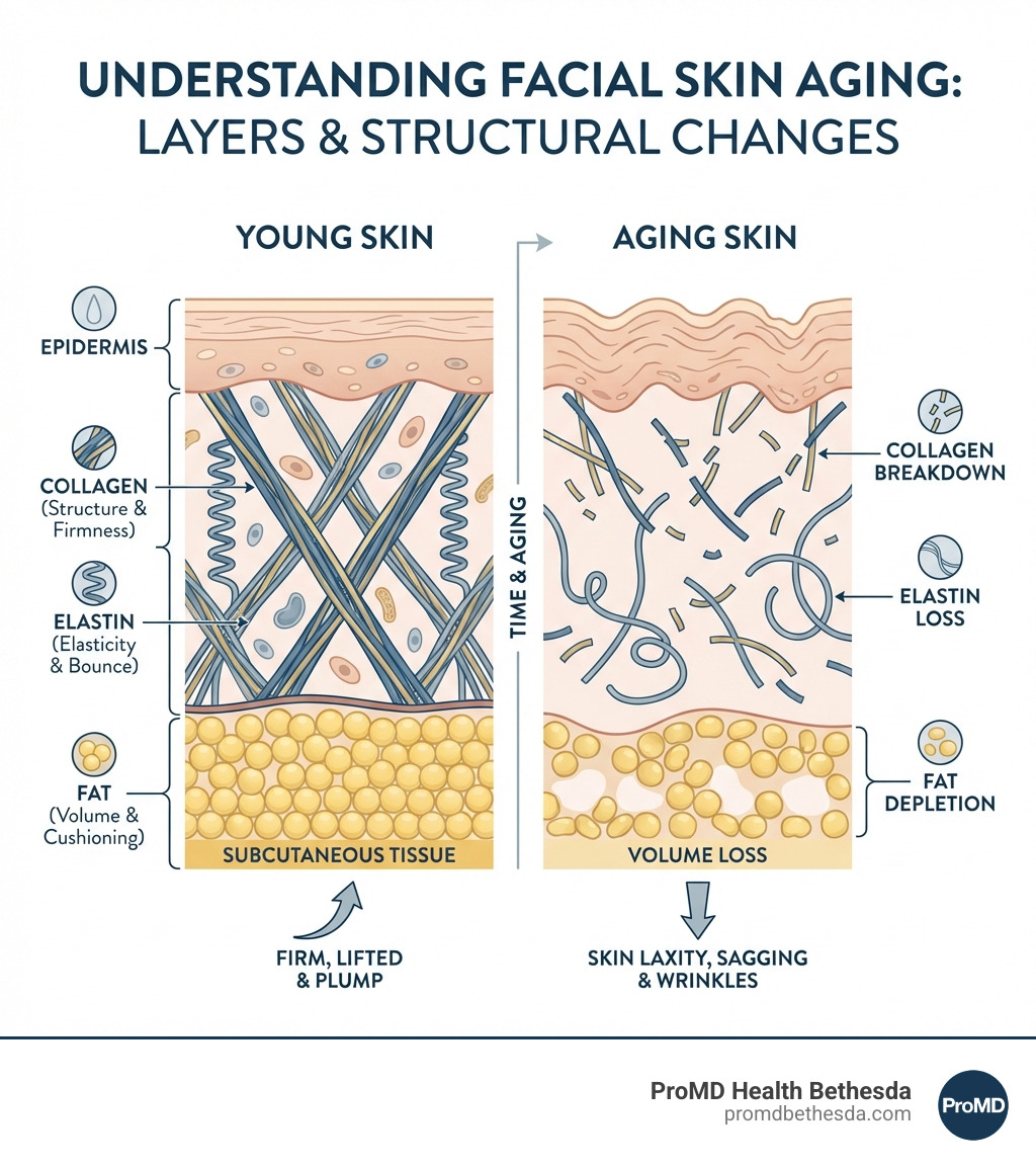 infographic showing the different layers of facial skin including epidermis dermis and subcutaneous tissue with labels indicating where collagen elastin and fat are located and how aging affects each layer with volume loss collagen breakdown and skin laxity - Non surgical facelift infographic infographic showing the different layers of facial skin including epidermis dermis and subcutaneous tissue with labels indicating where collagen elastin and fat are located and how aging affects each layer with volume loss collagen breakdown and skin laxity - Non surgical facelift infographic