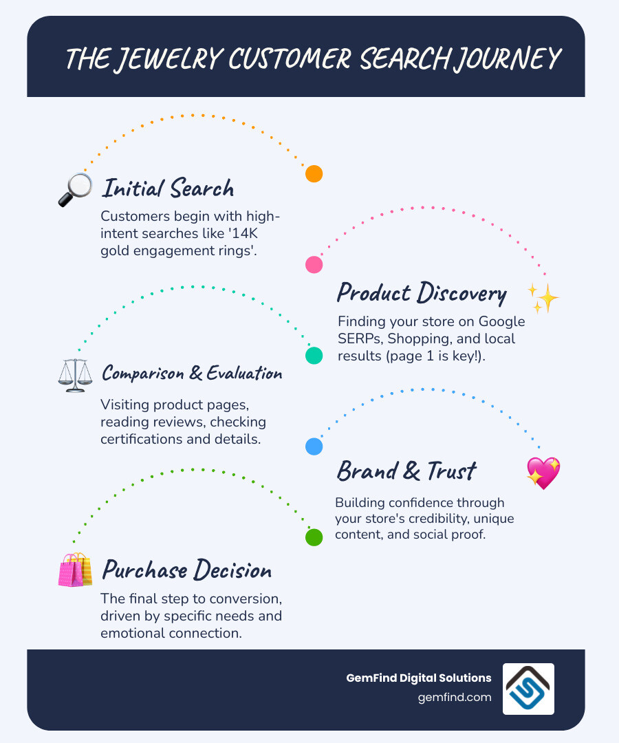 infographic showing the jewelry customer search journey from initial search query through product discovery, comparison, and purchase decision, highlighting key touchpoints like Google Shopping, product pages, reviews, and local results - shopify seo for jewelry stores infographic infographic-line-5-steps-blues-accent_colors
