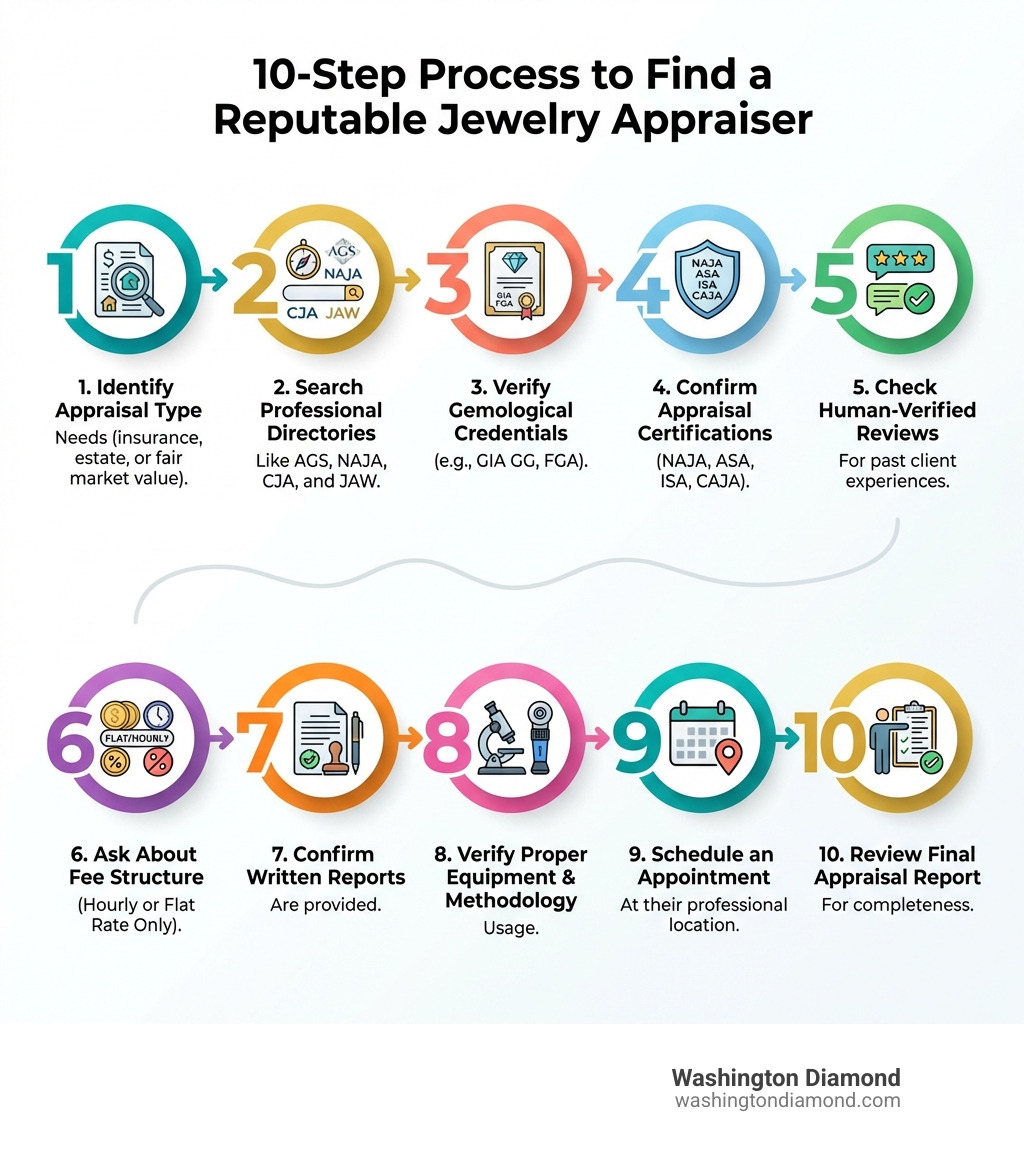 Infographic showing the 10-step process to find a reputable jewelry appraiser: 1. Identify your appraisal type needed (insurance, estate, or fair market value), 2. Search professional directories like AGS, NAJA, CJA, and JAW, 3. Verify gemological credentials (GIA GG, FGA), 4. Confirm appraisal-specific certifications (NAJA, ASA, ISA, CAJA), 5. Check human-verified client reviews, 6. Ask about fee structure (hourly or flat rate only), 7. Confirm they provide written reports, 8. Verify they use proper equipment and methodology, 9. Schedule an appointment at their professional location, 10. Review the final appraisal report for completeness - find a jewelry appraiser near me infographic 