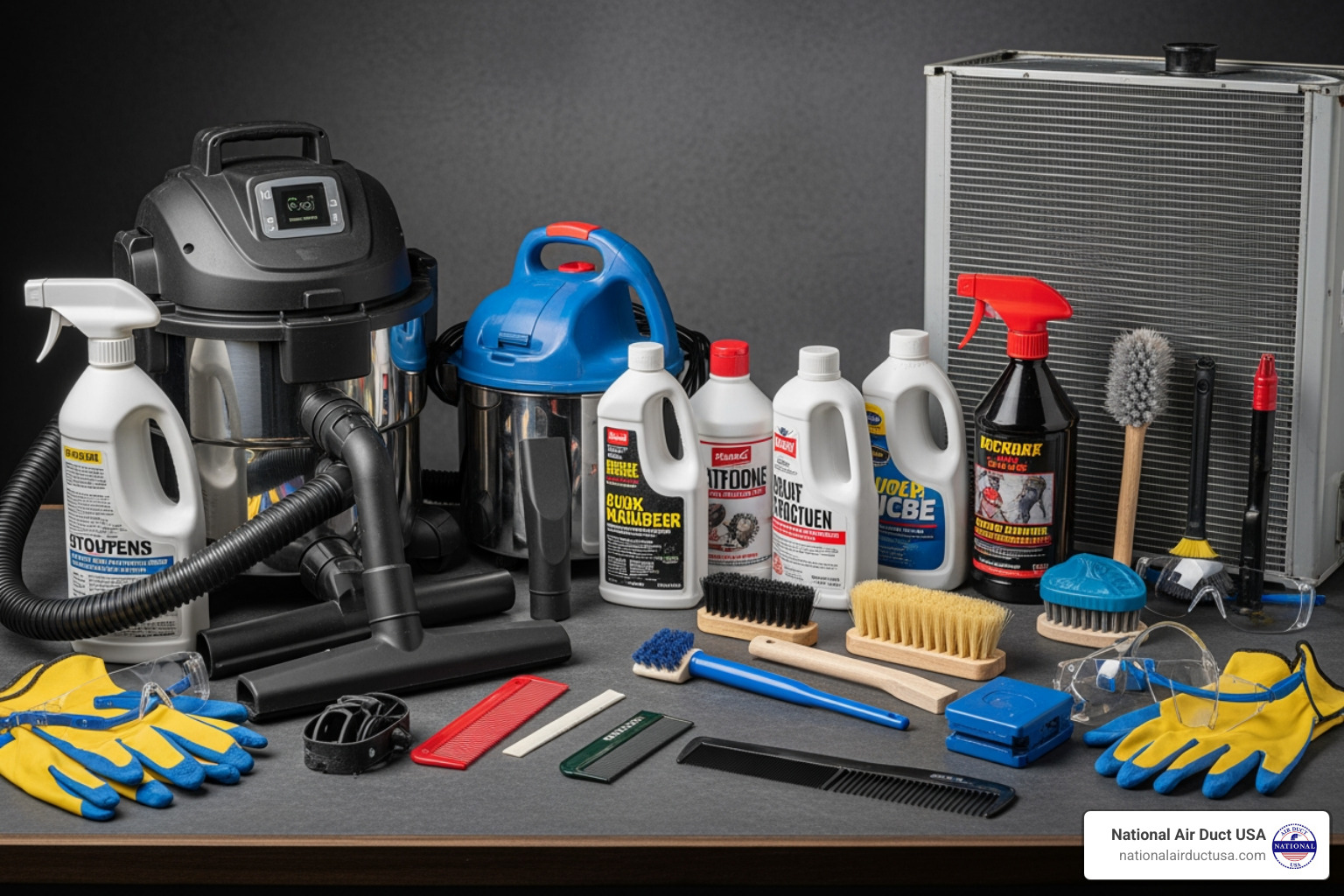 AC cleaning supplies including vacuum, detergent, brushes, and protective gear - how to clean air conditioner unit