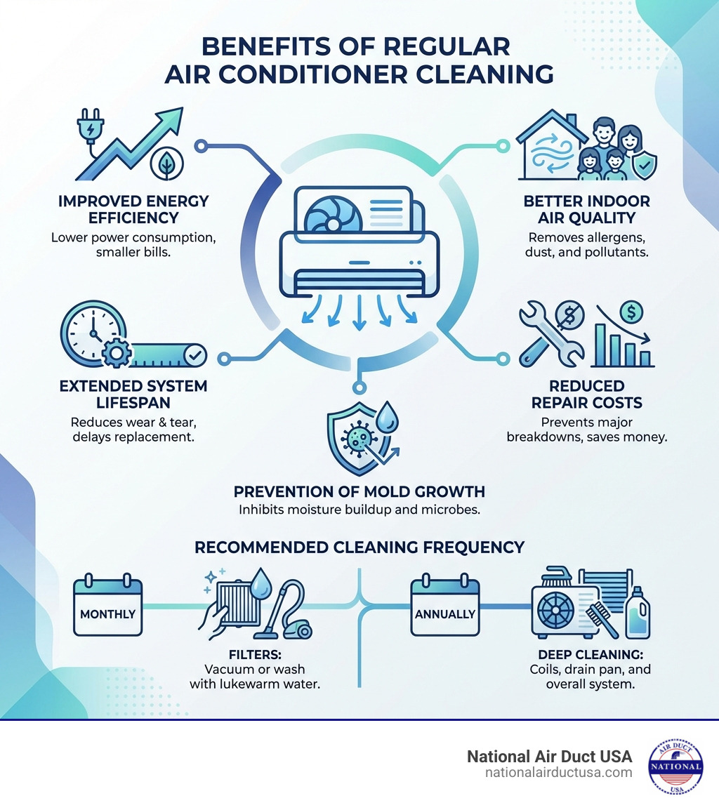 infographic showing the benefits of regular air conditioner cleaning including improved energy efficiency, better indoor air quality, extended system lifespan, reduced repair costs, and prevention of mold growth with recommended cleaning frequencies for filters monthly and deep cleaning annually - how to clean air conditioner unit infographic 