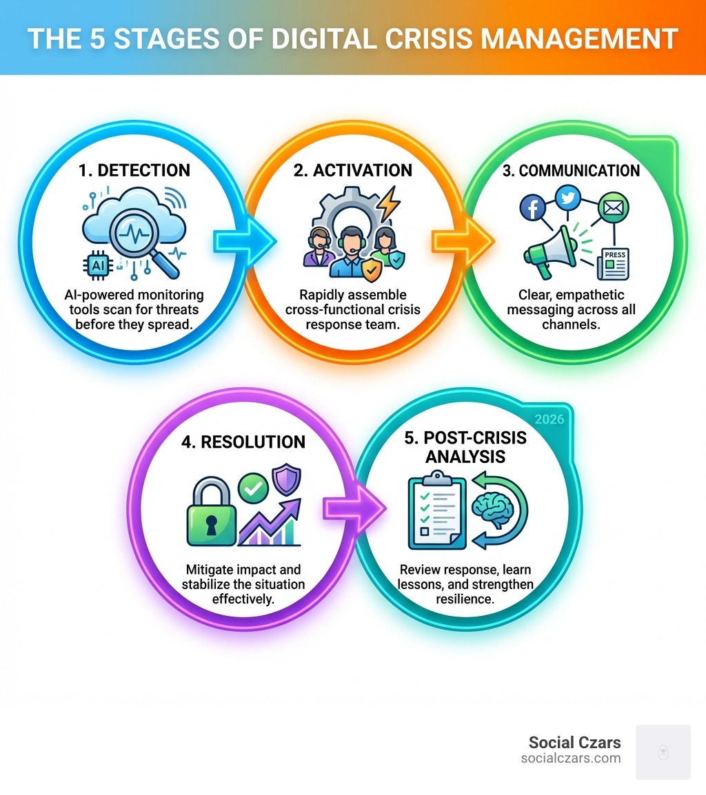infographic showing the five stages of digital crisis management from detection through monitoring tools to activation of crisis team to transparent stakeholder communication to resolution and post-crisis analysis - digital crisis management infographic 