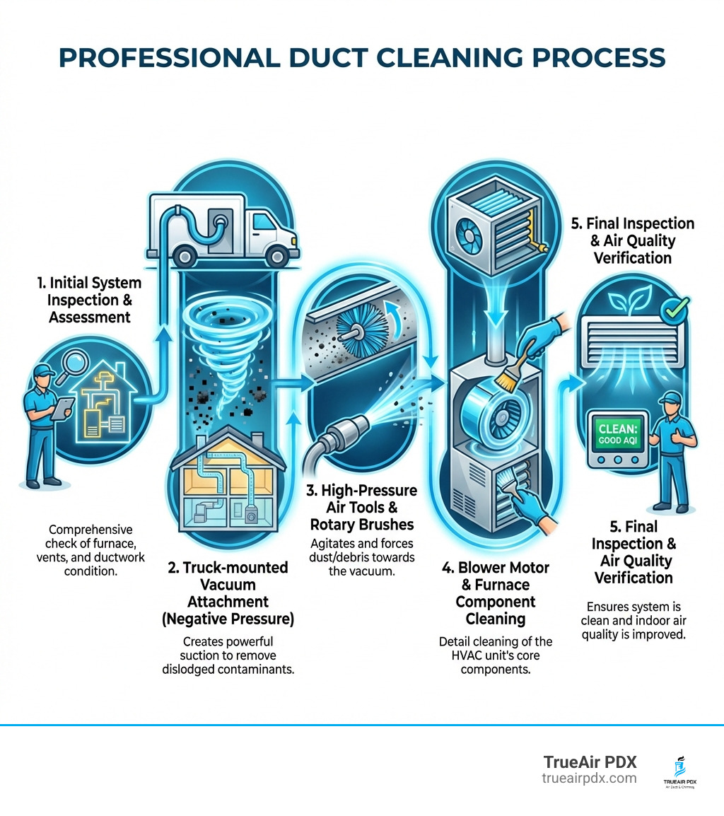 Infographic showing the professional duct cleaning process: 1) Initial system inspection and assessment, 2) Truck-mounted vacuum attachment creating negative pressure, 3) High-pressure air tools and rotary brushes cleaning each vent and duct line, 4) Blower motor and furnace component cleaning, 5) Final inspection and air quality verification - furnace air duct cleaning cost infographic 