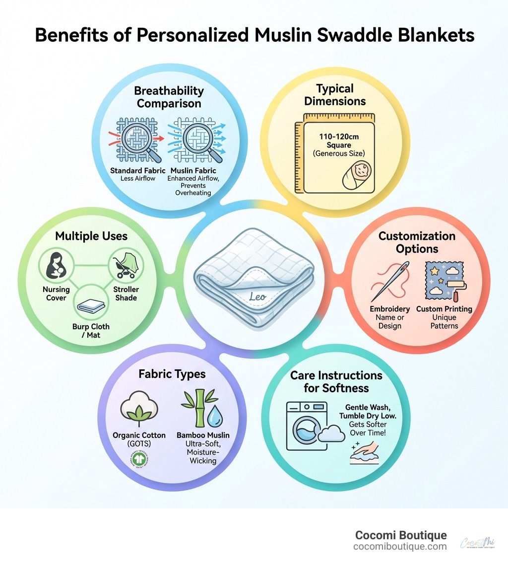 infographic showing benefits of personalized muslin swaddle blankets including breathability comparison, typical dimensions 110-120cm square, multiple uses beyond swaddling such as nursing cover and stroller shade, customization options like embroidery and printing, fabric types including organic cotton and bamboo muslin, and care instructions for maintaining softness - personalized muslin swaddle blanket for baby infographic infographic showing benefits of personalized muslin swaddle blankets including breathability comparison, typical dimensions 110-120cm square, multiple uses beyond swaddling such as nursing cover and stroller shade, customization options like embroidery and printing, fabric types including organic cotton and bamboo muslin, and care instructions for maintaining softness - personalized muslin swaddle blanket for baby infographic