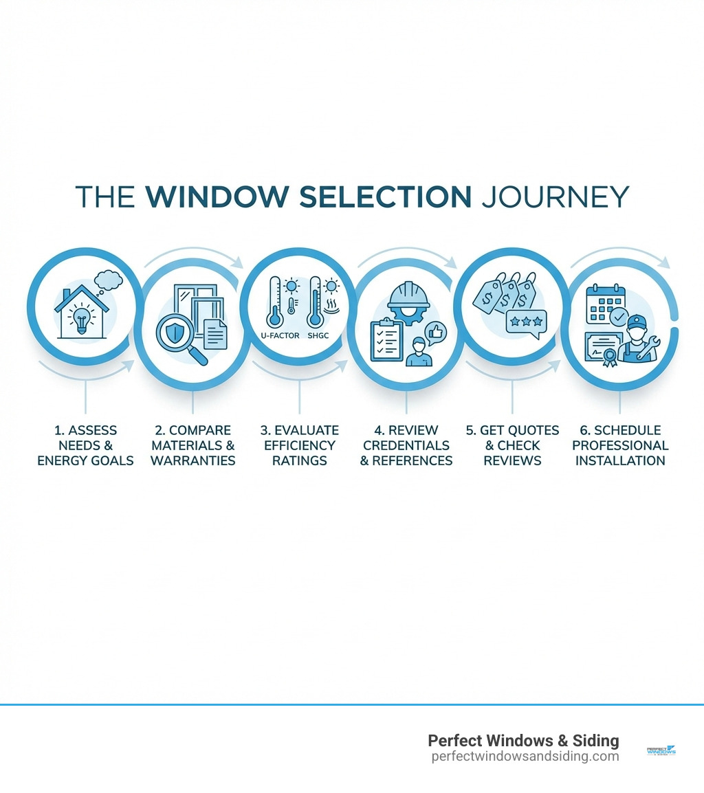Infographic showing the window selection journey: 1) Assess home needs and energy goals, 2) Compare window companies by material options and warranties, 3) Evaluate energy efficiency ratings (U-factor and SHGC), 4) Review installation credentials and references, 5) Get multiple quotes and check customer reviews, 6) Schedule professional installation with certified contractors - window companies infographic 