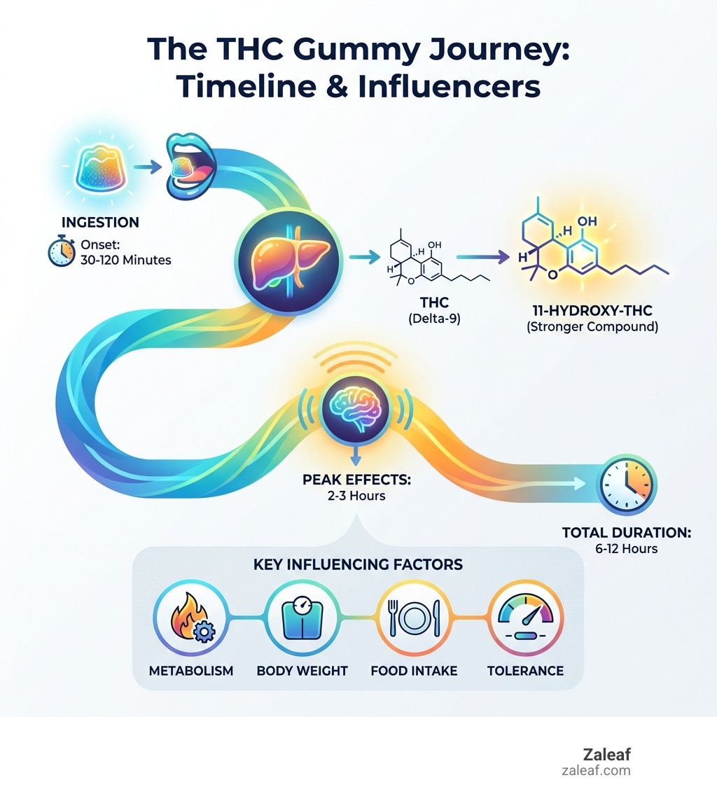 Infographic showing the THC gummy journey: ingestion takes 30-120 minutes to onset, liver converts THC to 11-hydroxy-THC (stronger compound), effects peak at 2-3 hours, total duration lasts 6-12 hours, with factors like metabolism, body weight, food intake, and tolerance affecting the experience - THC gummies guide infographic 