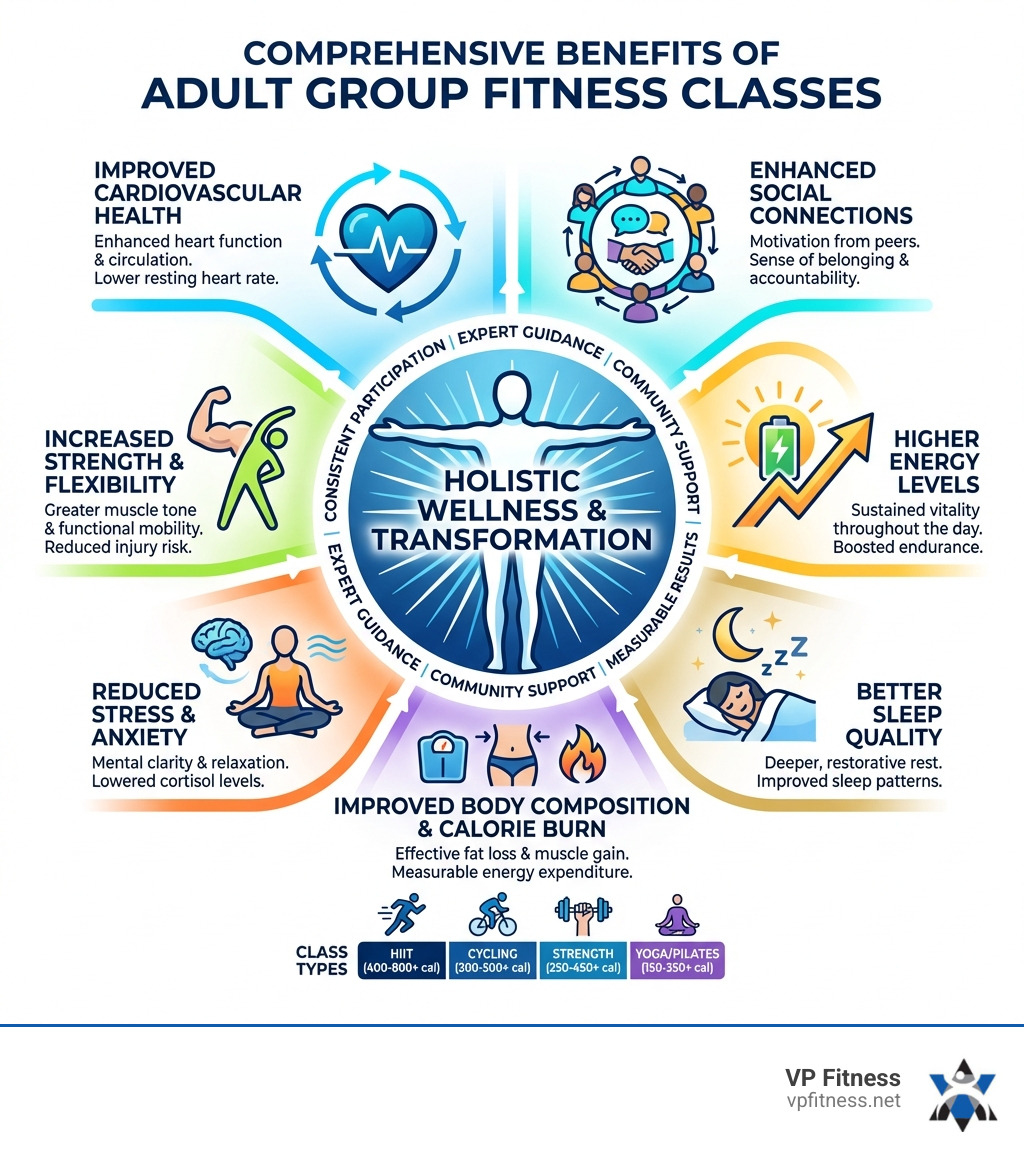 Infographic showing the comprehensive benefits of adult group fitness classes including improved cardiovascular health, increased strength and flexibility, reduced stress and anxiety, enhanced social connections, better sleep quality, higher energy levels throughout the day, and improved body composition with measurable calorie burn rates across different class types - adult workout classes near me infographic Infographic showing the comprehensive benefits of adult group fitness classes including improved cardiovascular health, increased strength and flexibility, reduced stress and anxiety, enhanced social connections, better sleep quality, higher energy levels throughout the day, and improved body composition with measurable calorie burn rates across different class types - adult workout classes near me infographic