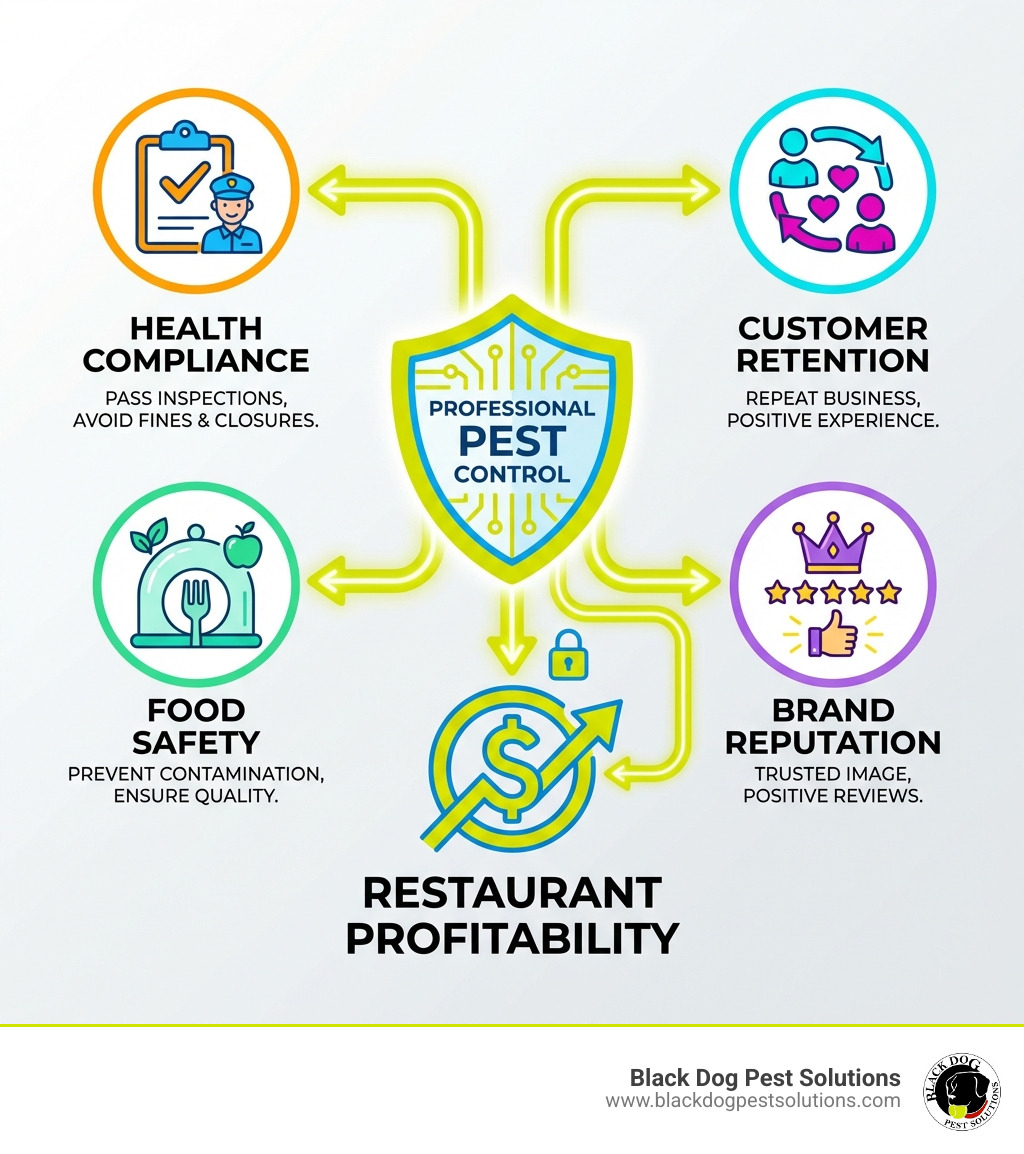 infographic showing how pest control protects restaurant profitability through health compliance, customer retention, food safety, and brand reputation - restaurant pest control service infographic infographic showing how pest control protects restaurant profitability through health compliance, customer retention, food safety, and brand reputation - restaurant pest control service infographic