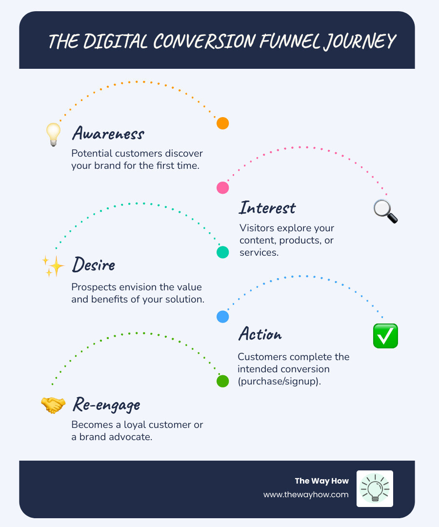 Infographic showing the conversion funnel stages: Awareness (visitor discovers your brand), Interest (explores your content or product), Desire (envisions the outcome), Action (completes purchase or signup), and Re-engage (returns as a loyal customer). Each stage shows the progressive reduction in audience size and highlights key certainty gaps that cause drop-off. - conversion funnel in digital marketing infographic infographic-line-5-steps-blues-accent_colors