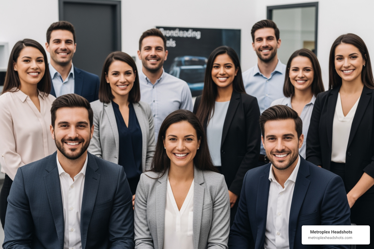 A diverse corporate team smiling for a group branding photo - corporate headshot packages