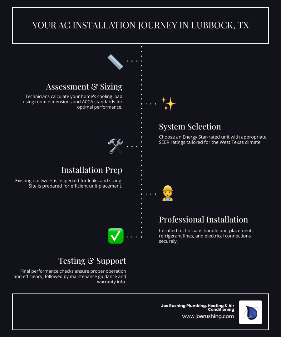 Step-by-step infographic showing the complete AC installation journey from initial home assessment and load calculations through system selection, ductwork preparation, professional installation with refrigerant and electrical hookups, final testing and calibration, and ongoing maintenance support - air conditioning installation lubbock tx infographic infographic-line-5-steps-dark