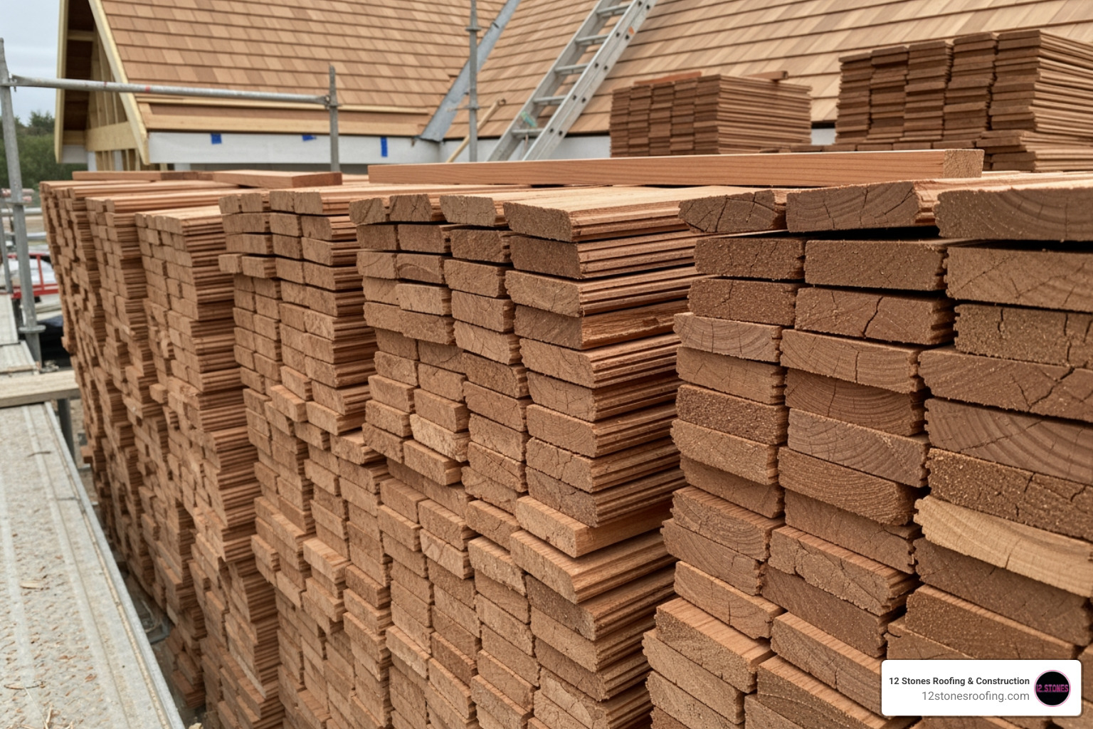 cedar bundles on a job site - cedar shake roof replacement cost