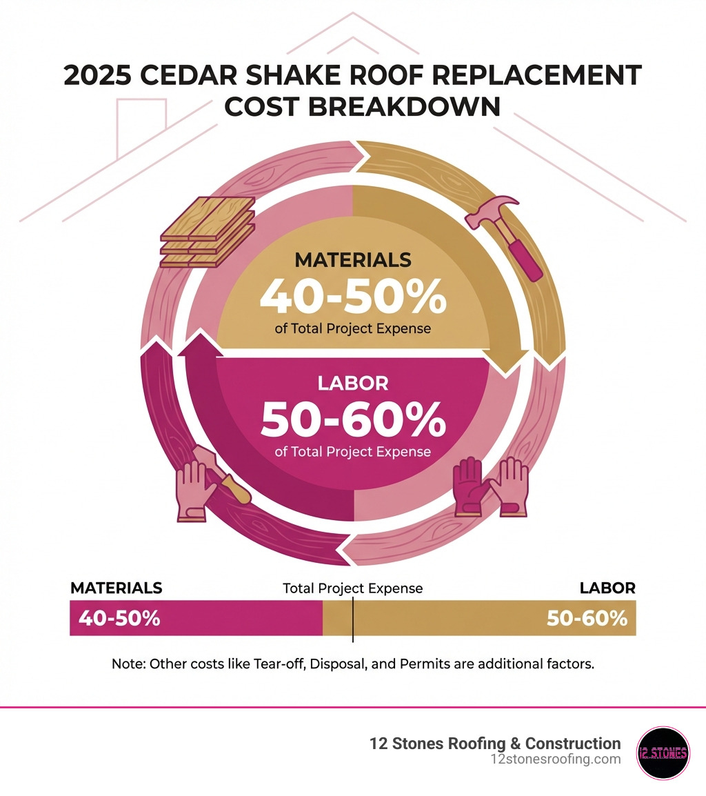 infographic showing 2025 cedar shake roof replacement cost breakdown with materials accounting for 40-50% and labor for 50-60% of total project expense - cedar shake roof replacement cost infographic 