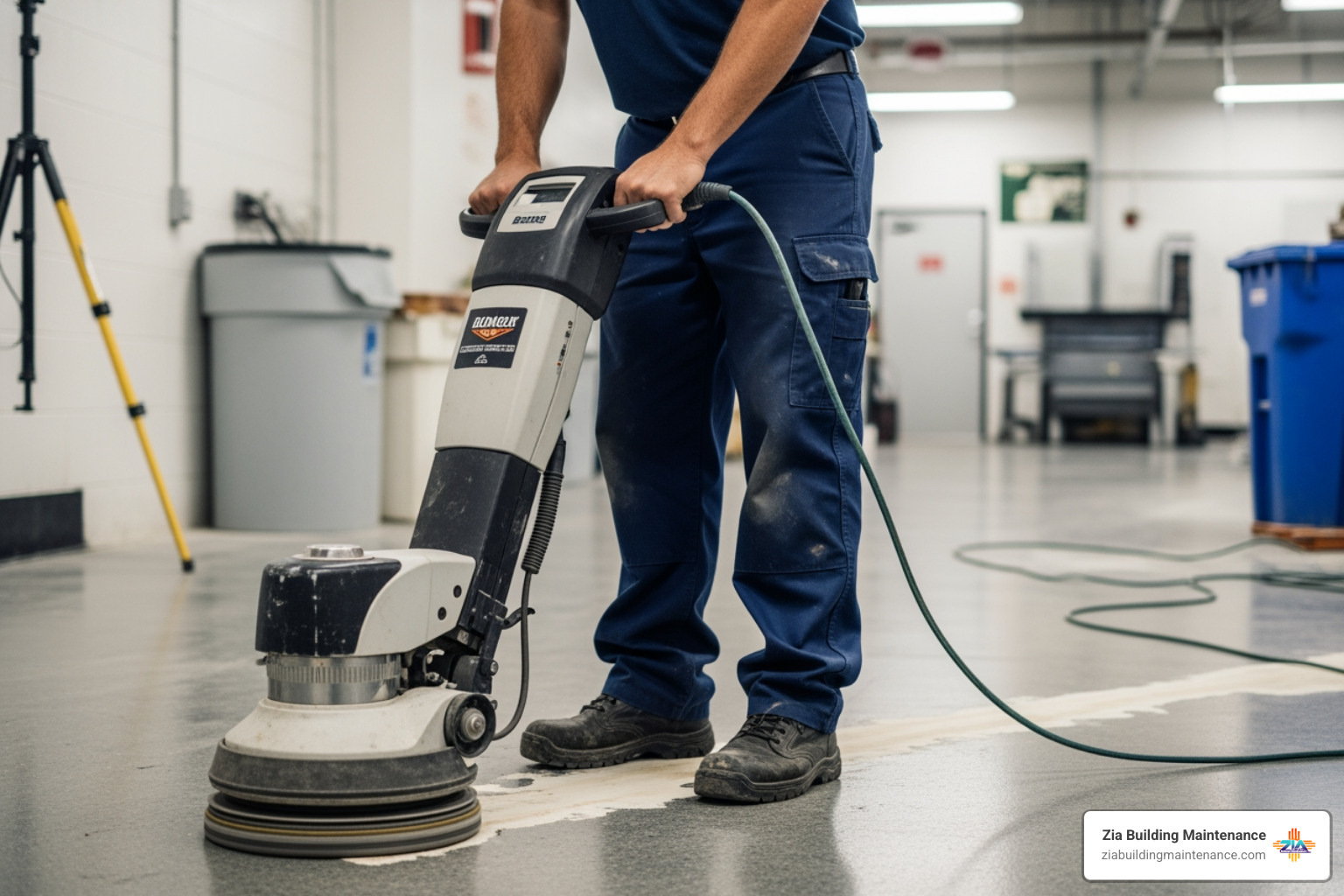 technician using a floor buffer to strip old wax - Stripping and waxing floors technician using a floor buffer to strip old wax - Stripping and waxing floors