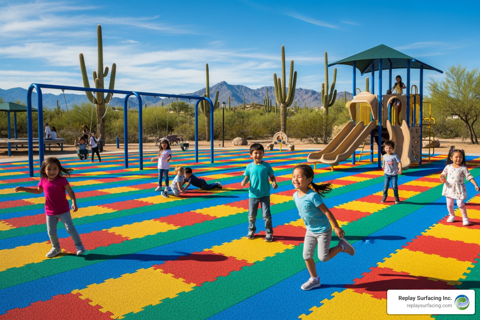 Children playing safely on rubber mats in a sunny park in Tucson, AZ - playground mats rubber