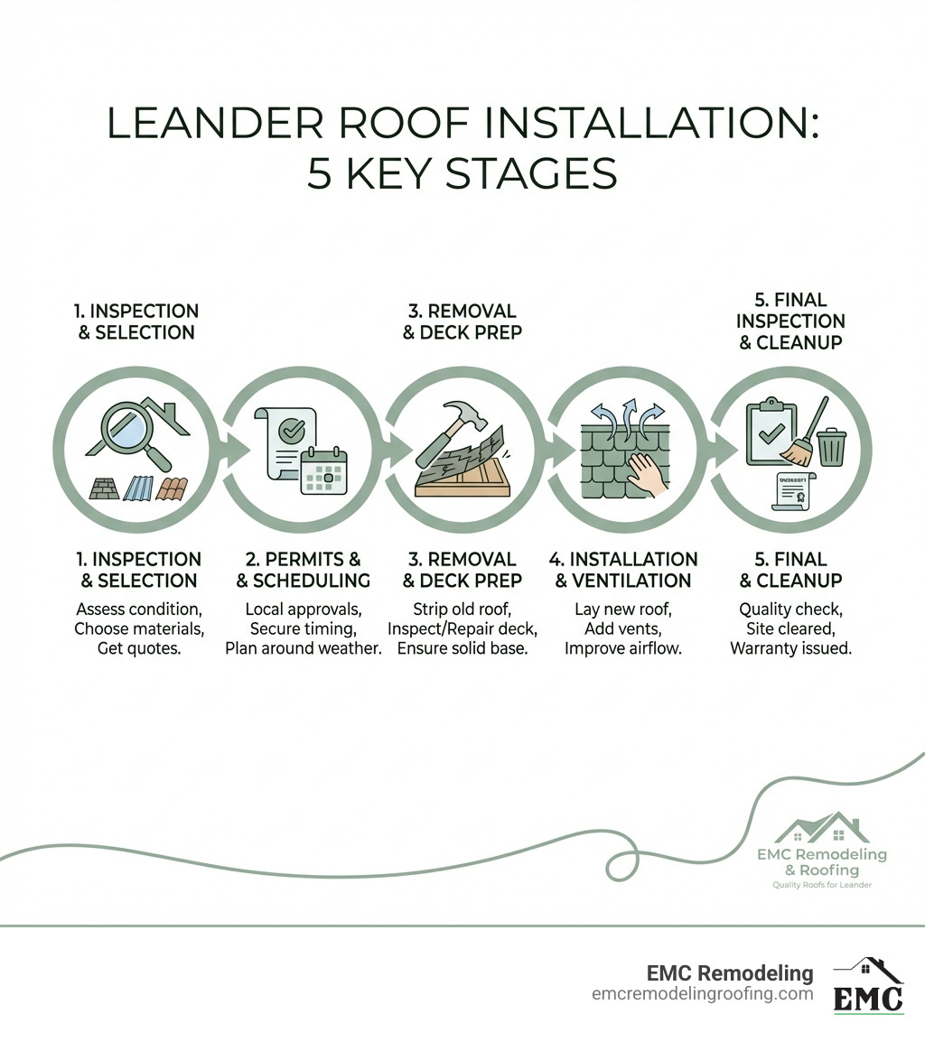Infographic showing the 5 key stages of roof installation: 1) Initial inspection and material selection, 2) Permit acquisition and scheduling, 3) Old roof removal and deck preparation, 4) New material installation with proper ventilation, 5) Final inspection and cleanup with warranty documentation - Roof installation Leander infographic 