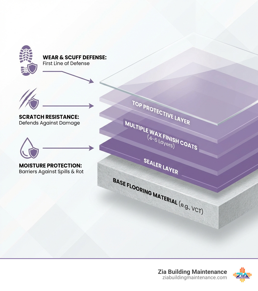 infographic showing the layers of a properly maintained commercial floor, including the base flooring material, sealer layer, multiple wax finish coats, and top protective layer, with labels indicating how each layer protects against moisture, scratches, and wear - Stripping and waxing floors infographic infographic showing the layers of a properly maintained commercial floor, including the base flooring material, sealer layer, multiple wax finish coats, and top protective layer, with labels indicating how each layer protects against moisture, scratches, and wear - Stripping and waxing floors infographic