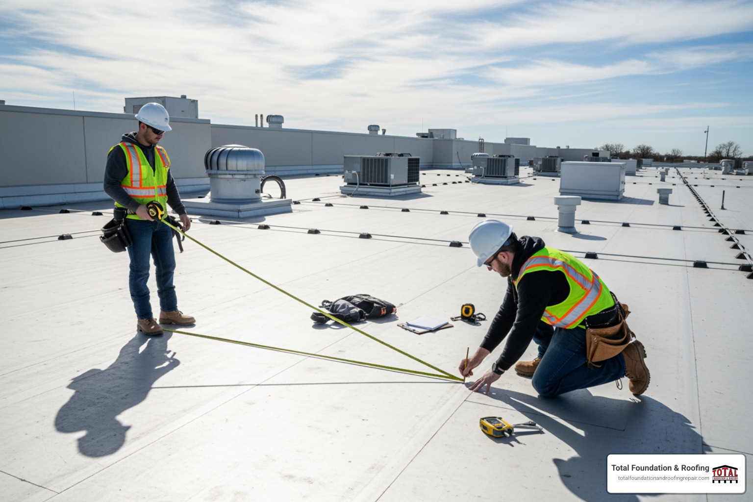 contractors measuring a large commercial roof - Flat roof replacement cost