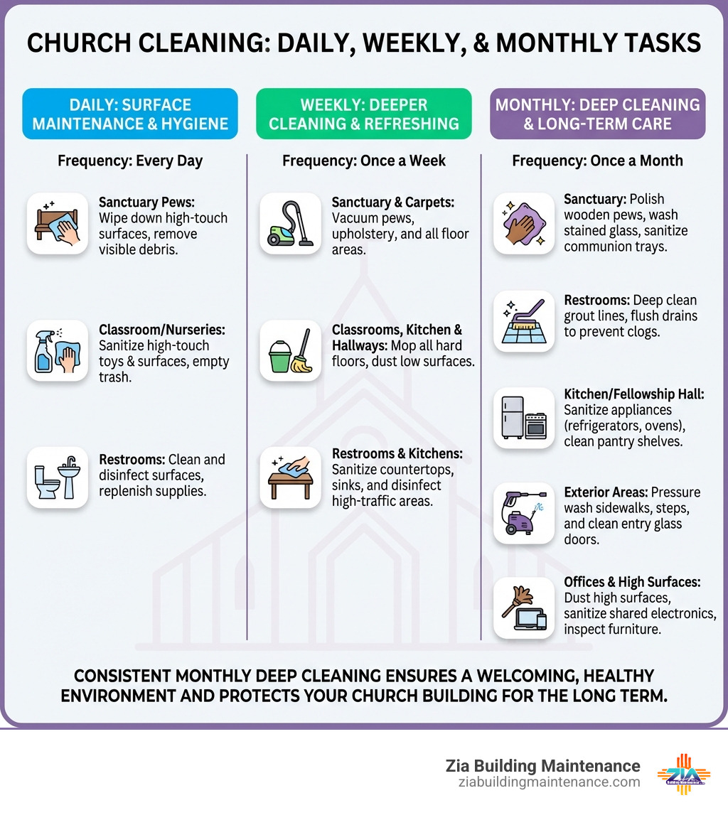 infographic showing the difference between daily surface cleaning, weekly deeper cleaning, and monthly deep cleaning tasks for churches including specific areas like sanctuary pews, classroom toys, restroom grout, kitchen appliances, and exterior pressure washing with recommended frequencies - monthly church cleaning infographic infographic showing the difference between daily surface cleaning, weekly deeper cleaning, and monthly deep cleaning tasks for churches including specific areas like sanctuary pews, classroom toys, restroom grout, kitchen appliances, and exterior pressure washing with recommended frequencies - monthly church cleaning infographic