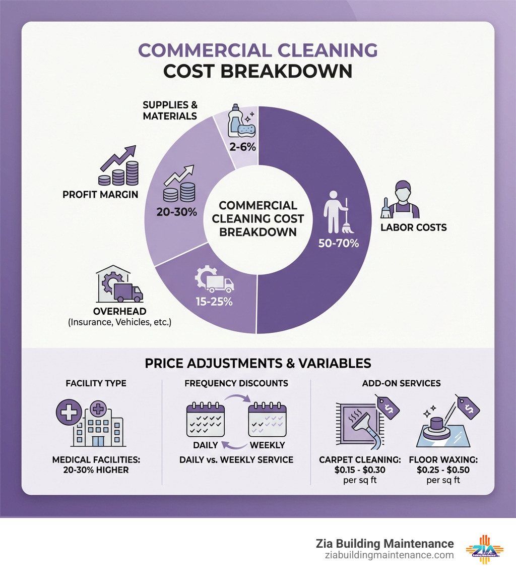 Infographic showing commercial cleaning cost breakdown: 50-70% labor costs, 2-6% supplies and materials, 15-25% overhead including insurance and vehicles, 20-30% profit margin, with adjustments for facility type (medical facilities 20-30% higher), frequency discounts for daily vs weekly service, and add-on services like carpet cleaning $0.15-$0.30 per sq ft and floor waxing $0.25-$0.50 per sq ft - commercial cleaning contract prices infographic Infographic showing commercial cleaning cost breakdown: 50-70% labor costs, 2-6% supplies and materials, 15-25% overhead including insurance and vehicles, 20-30% profit margin, with adjustments for facility type (medical facilities 20-30% higher), frequency discounts for daily vs weekly service, and add-on services like carpet cleaning $0.15-$0.30 per sq ft and floor waxing $0.25-$0.50 per sq ft - commercial cleaning contract prices infographic