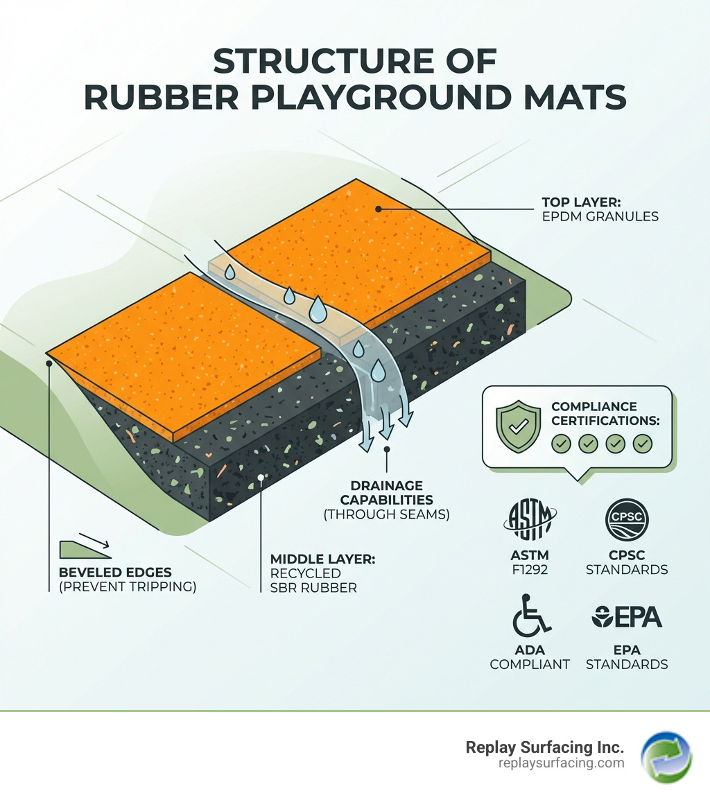 Infographic showing the structure of rubber playground mats: top layer of EPDM granules for color and UV resistance, middle layer of recycled SBR rubber for shock absorption, beveled edges to prevent tripping, drainage capabilities through seams, and compliance certifications including ASTM F1292, CPSC, ADA, and EPA standards - playground mats rubber infographic 