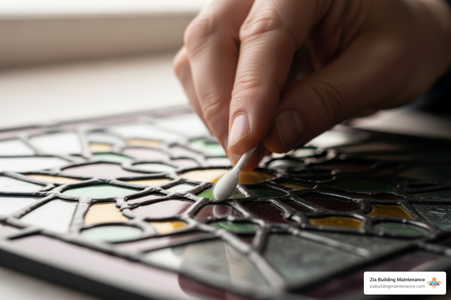 Professional cleaning stained glass with cotton bud - stained glass cleaning Professional cleaning stained glass with cotton bud - stained glass cleaning