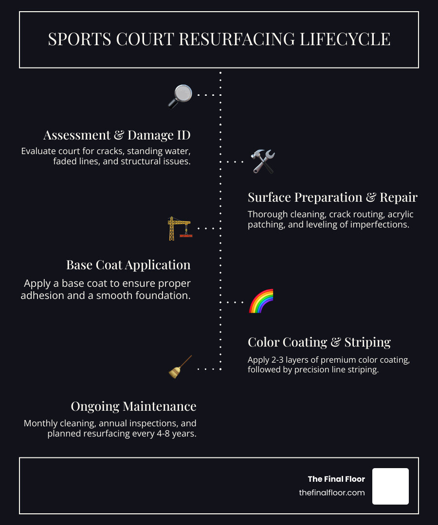 Infographic showing the sports court resurfacing lifecycle: Assessment and damage identification → Surface preparation and cleaning → Crack repair and leveling → Base coat application → Color coating (2-3 layers) → Line striping and finishing → Ongoing maintenance (monthly cleaning, annual inspection, resurfacing every 4-8 years) - sports court resurfacing infographic infographic-line-5-steps-dark Infographic showing the sports court resurfacing lifecycle: Assessment and damage identification → Surface preparation and cleaning → Crack repair and leveling → Base coat application → Color coating (2-3 layers) → Line striping and finishing → Ongoing maintenance (monthly cleaning, annual inspection, resurfacing every 4-8 years) - sports court resurfacing infographic infographic-line-5-steps-dark