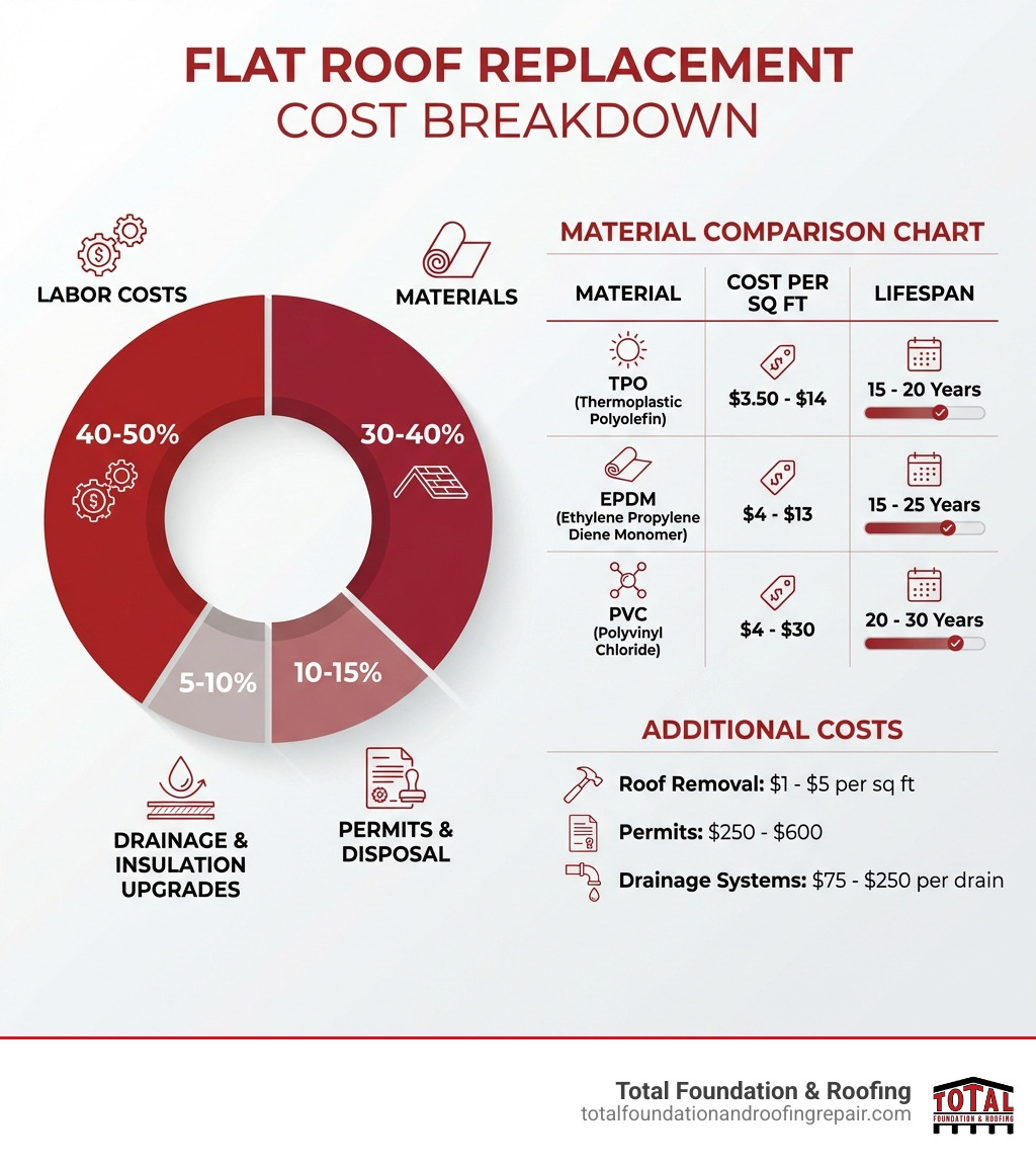 Infographic showing flat roof replacement cost breakdown: 40-50% labor costs, 30-40% materials, 10-15% permits and disposal, 5-10% drainage and insulation upgrades. Includes material comparison chart showing TPO at $3.50-$14 per sq ft with 15-20 year lifespan, EPDM at $4-$13 per sq ft with 15-25 year lifespan, and PVC at $4-$30 per sq ft with 20-30 year lifespan. Additional costs section lists roof removal $1-$5 per sq ft, permits $250-$600, and drainage systems $75-$250 per drain. - Flat roof replacement cost infographic 