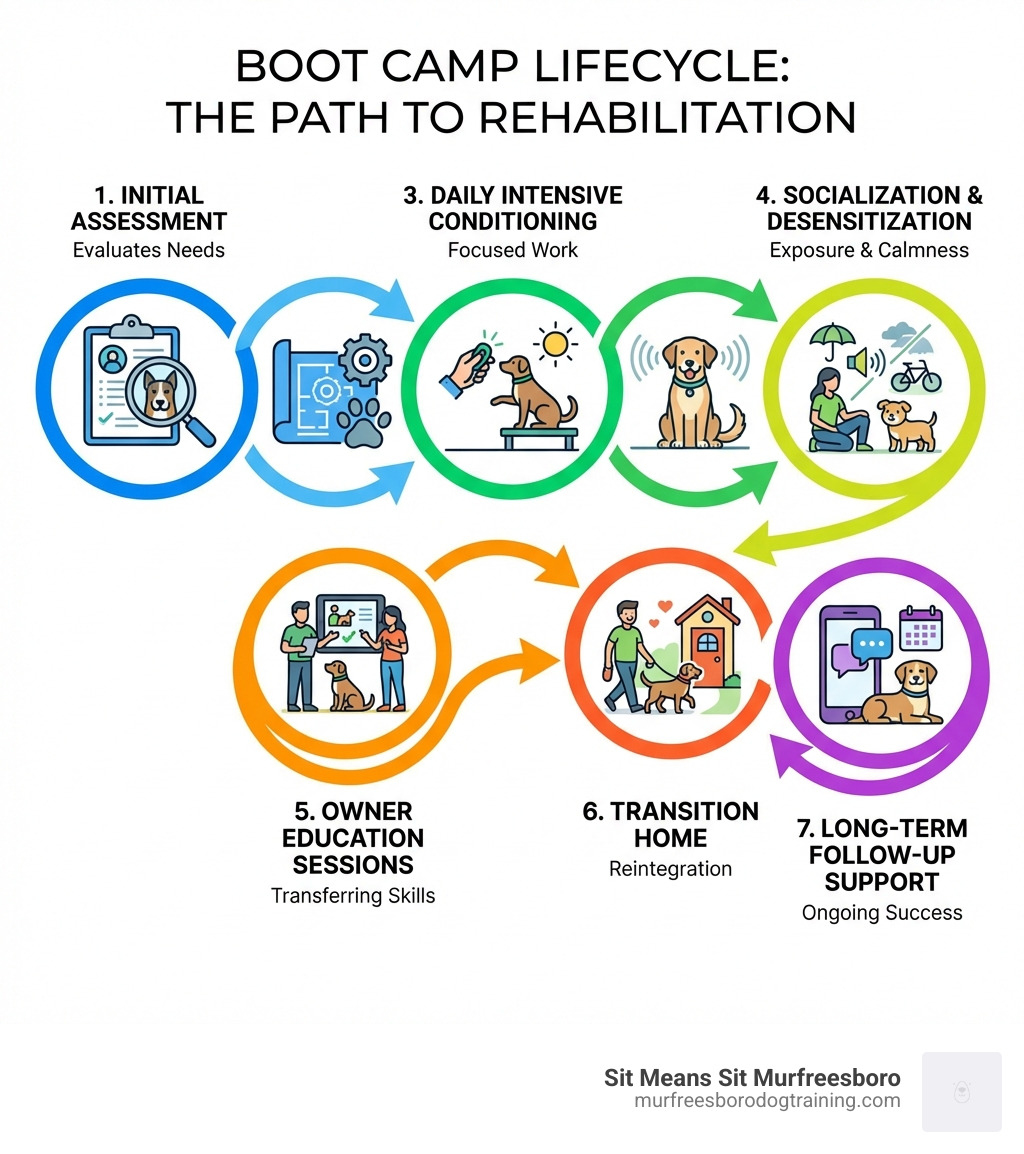infographic showing the boot camp lifecycle: initial assessment, customized training plan, daily intensive conditioning, socialization and desensitization, owner education sessions, transition home, and long-term follow-up support - boot camp for aggressive dogs infographic 