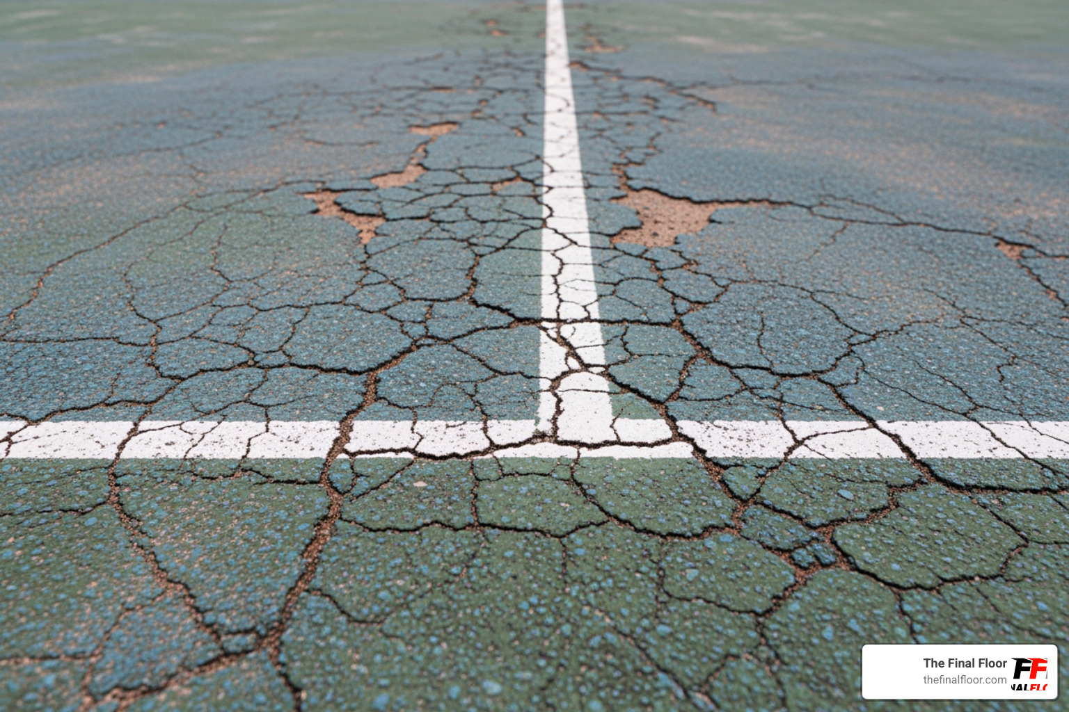 Close-up of a cracked tennis court surface showing structural wear and fading lines - sports court resurfacing Close-up of a cracked tennis court surface showing structural wear and fading lines - sports court resurfacing