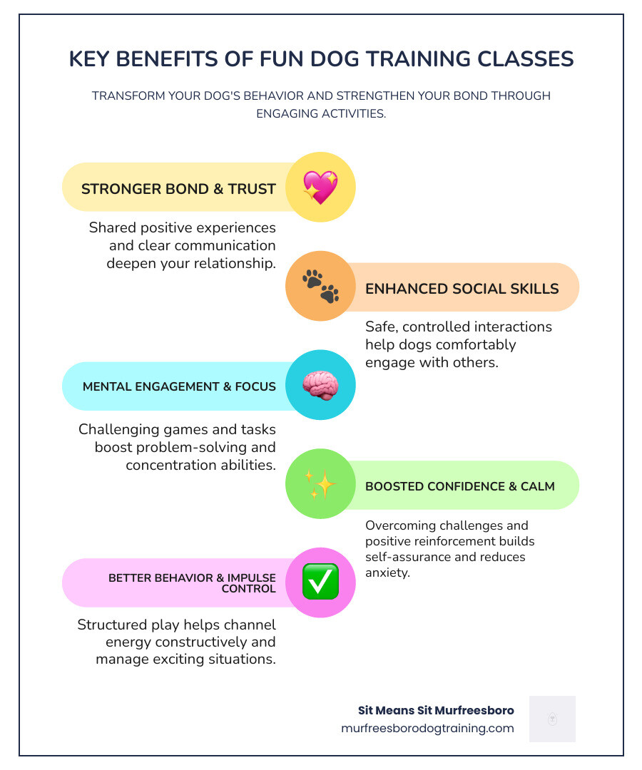infographic showing benefits of fun dog training classes including improved bond with owner, reduced anxiety and stress, better socialization skills, enhanced confidence, mental stimulation through games and challenges, physical fitness from activities, positive behavior reinforcement, and preparation for therapy or service work - fun dog training classes infographic infographic-line-5-steps-colors