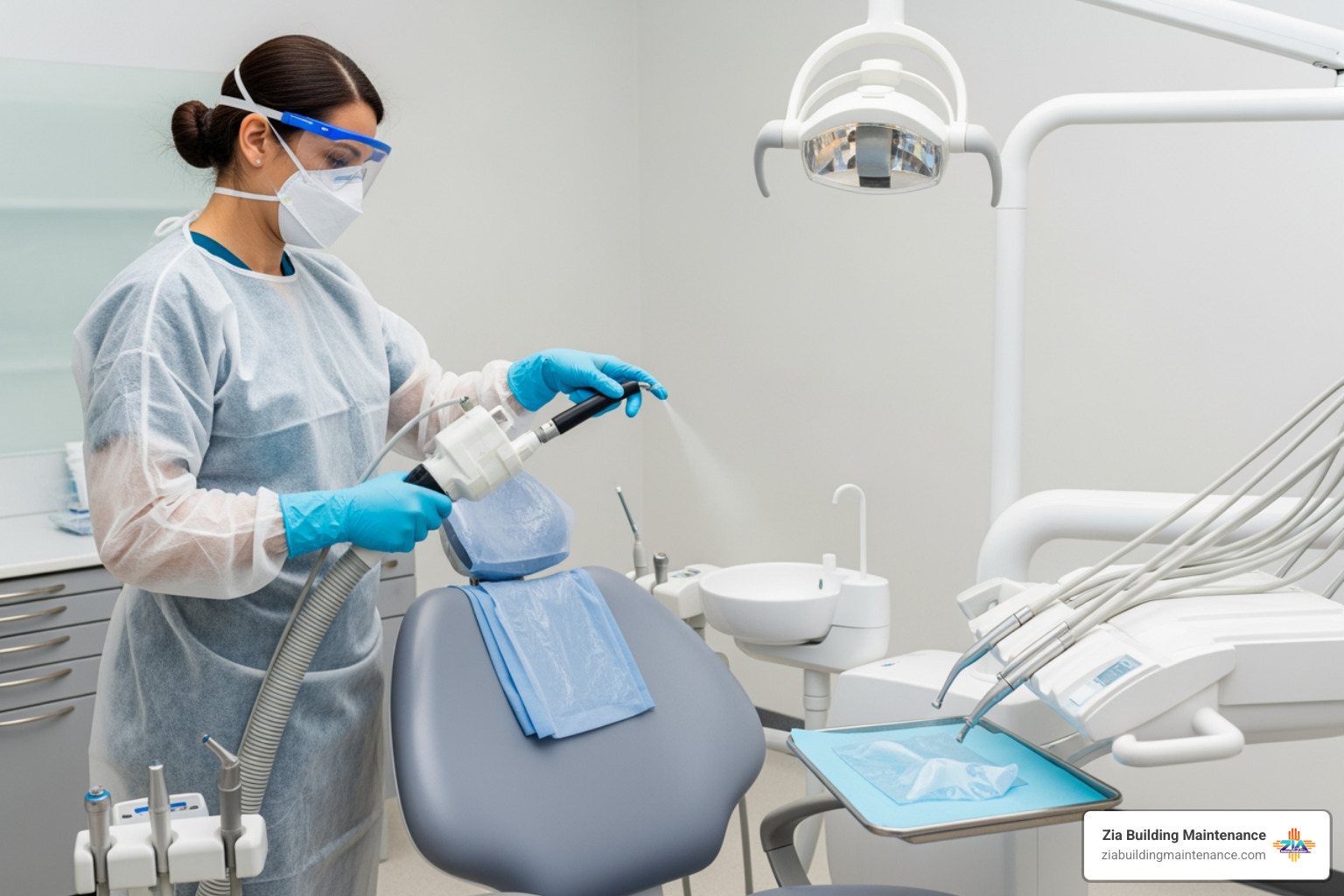 staff member in PPE carefully disinfecting a dental chair and clinical contact surfaces between patients - cleaning dental office staff member in PPE carefully disinfecting a dental chair and clinical contact surfaces between patients - cleaning dental office