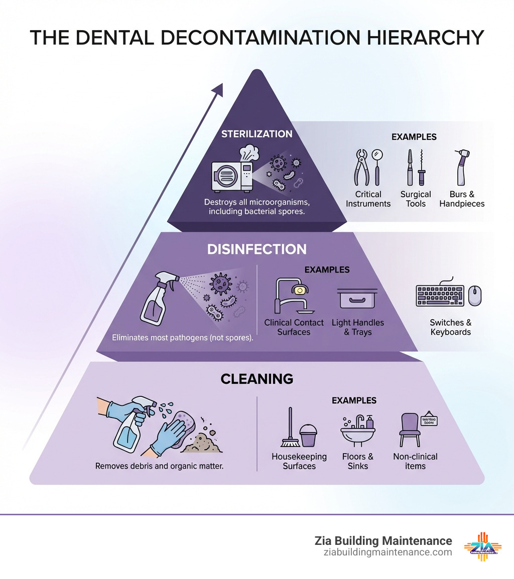 infographic showing the three-tier hierarchy of dental decontamination: cleaning at the base removing debris and organic matter, disinfection in the middle eliminating most pathogens, and sterilization at the top destroying all microorganisms including bacterial spores, with examples of surfaces and instruments appropriate for each level - cleaning dental office infographic infographic showing the three-tier hierarchy of dental decontamination: cleaning at the base removing debris and organic matter, disinfection in the middle eliminating most pathogens, and sterilization at the top destroying all microorganisms including bacterial spores, with examples of surfaces and instruments appropriate for each level - cleaning dental office infographic