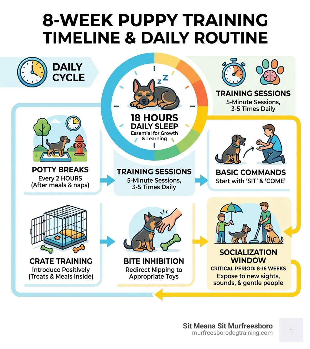 Infographic showing the 8-week puppy training timeline including potty breaks every 2 hours, 5-minute training sessions 3-5 times daily, socialization window from 8-16 weeks, crate training introduction, basic commands like sit and come, bite inhibition through redirection, and 18 hours of daily sleep requirement - 8 week old german shepherd puppy training infographic 