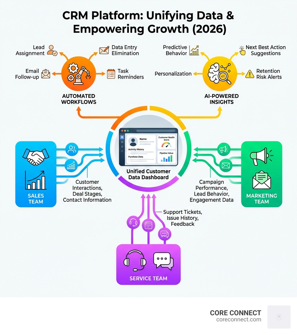 infographic showing how a CRM platform unifies customer data across sales, marketing, and service teams into a single dashboard with automated workflows and AI-powered insights - crm platform infographic 
