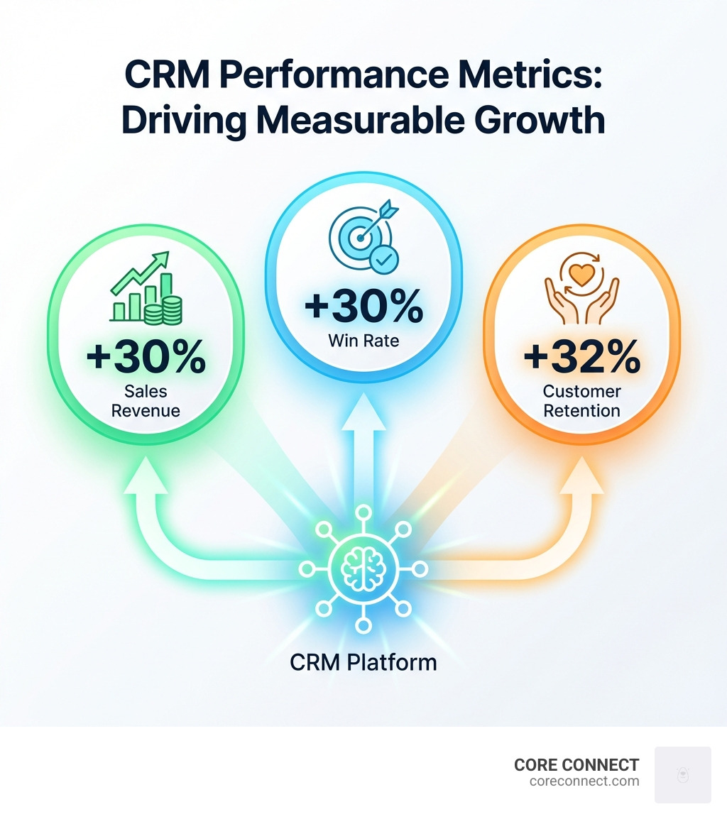 Comparison of CRM performance metrics showing increases in sales revenue, win rate, and customer retention - crm platform infographic 
