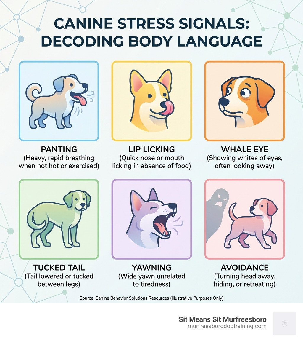 infographic showing dog body language and stress signals including panting, lip licking, whale eye, tucked tail, yawning, and avoidance behaviors - Canine behavior solutions infographic 