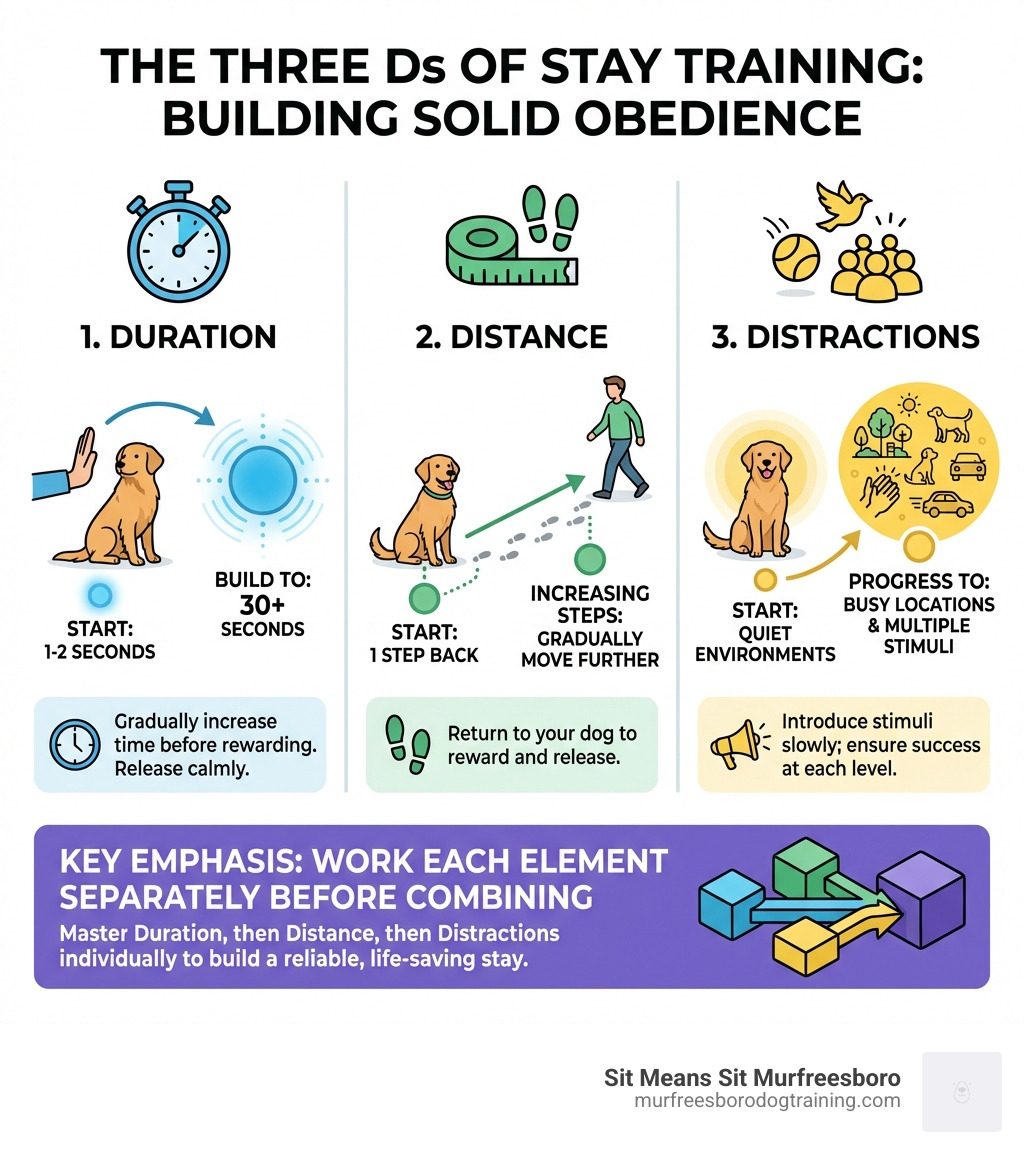 infographic showing the three Ds of stay training: duration starting at 1-2 seconds building to 30+ seconds, distance starting at one step back and gradually increasing, and distractions starting with quiet environments and progressing to busy locations with multiple stimuli, with emphasis on working each element separately before combining - Teach dog to stay infographic 